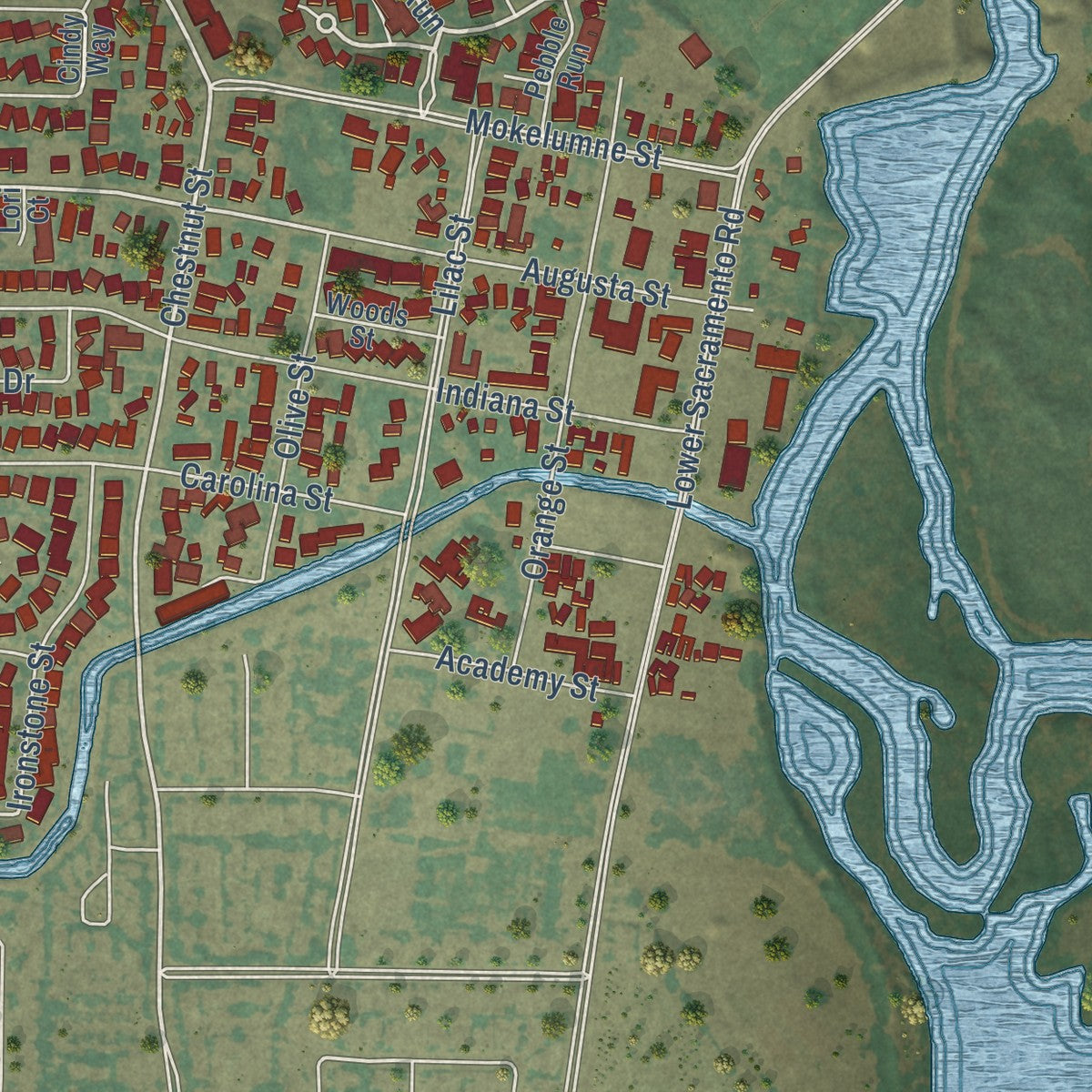 Close-up of the map of Woodbridge, California print showing street and building detail