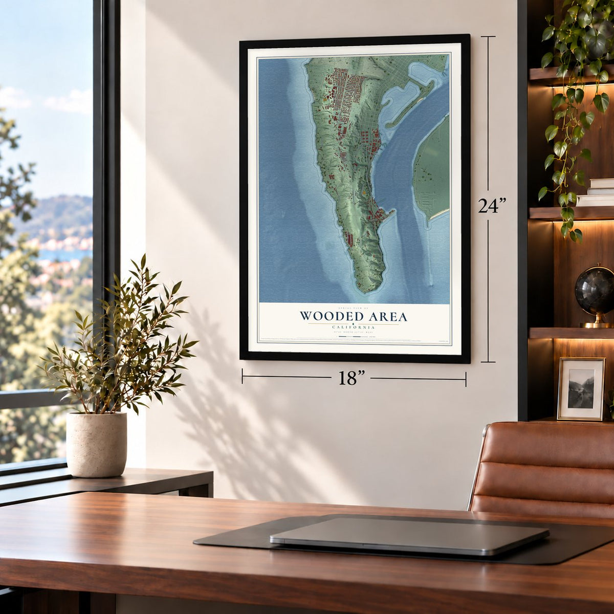 Wooded Area, California map, 18 x 24 inch print in a black frame in a home office