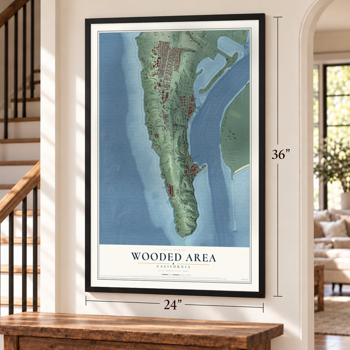 Wooded Area, California map, 24 x 36 inch print in a black frame by a staircase