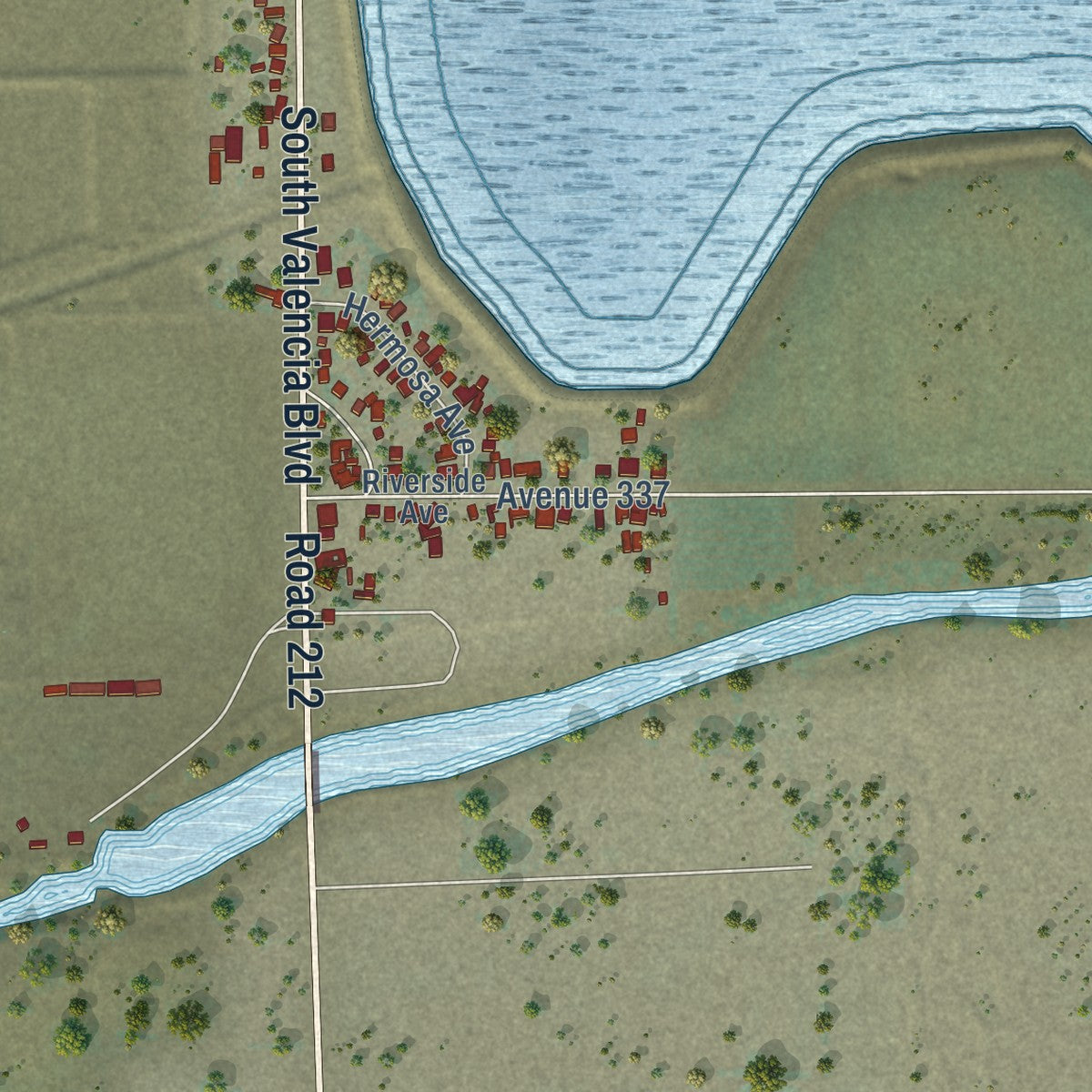 Second close-up of the map of Woodlake, California print showing more streets and buildings