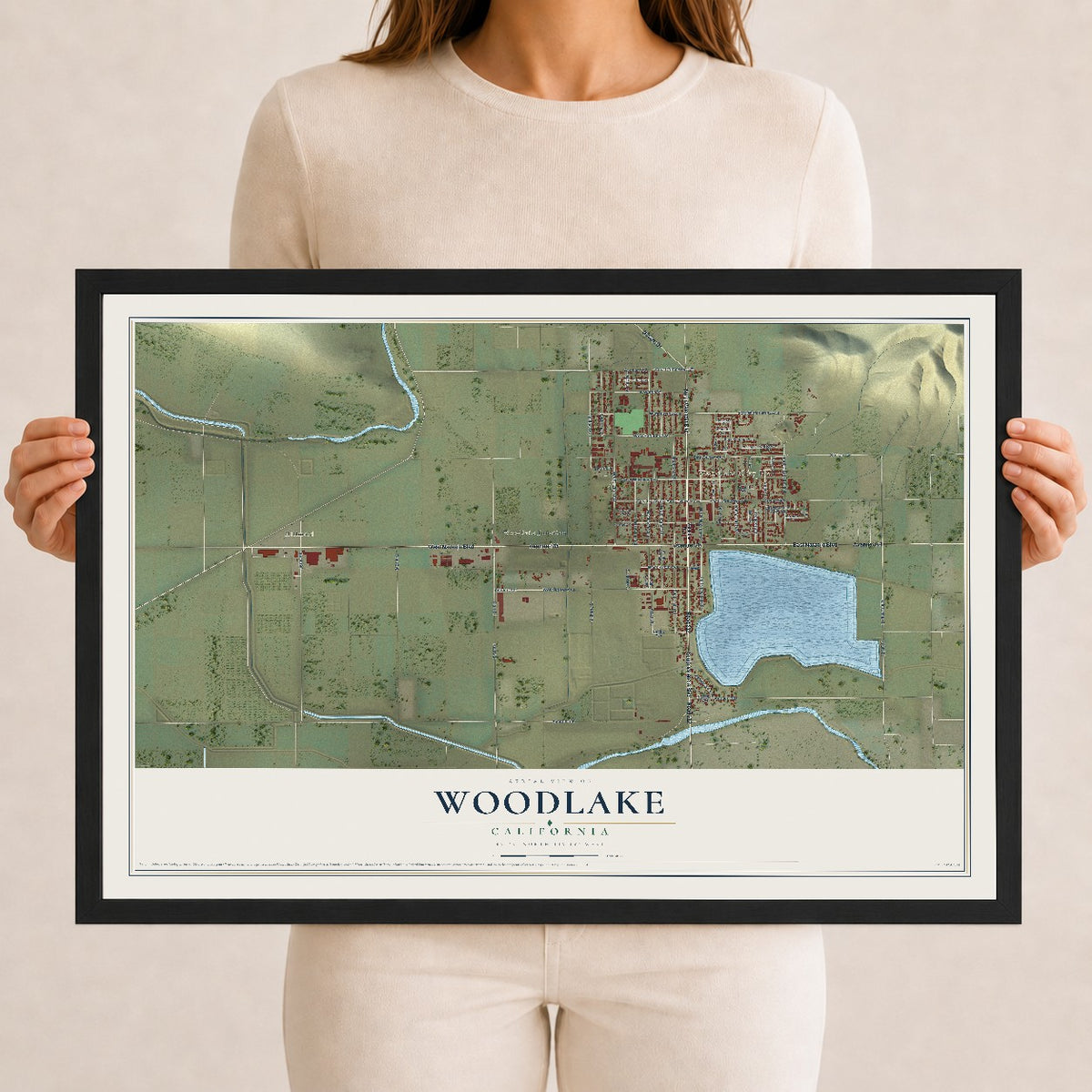Map of Woodlake, California, 12 x 18 inch print in a black wood frame