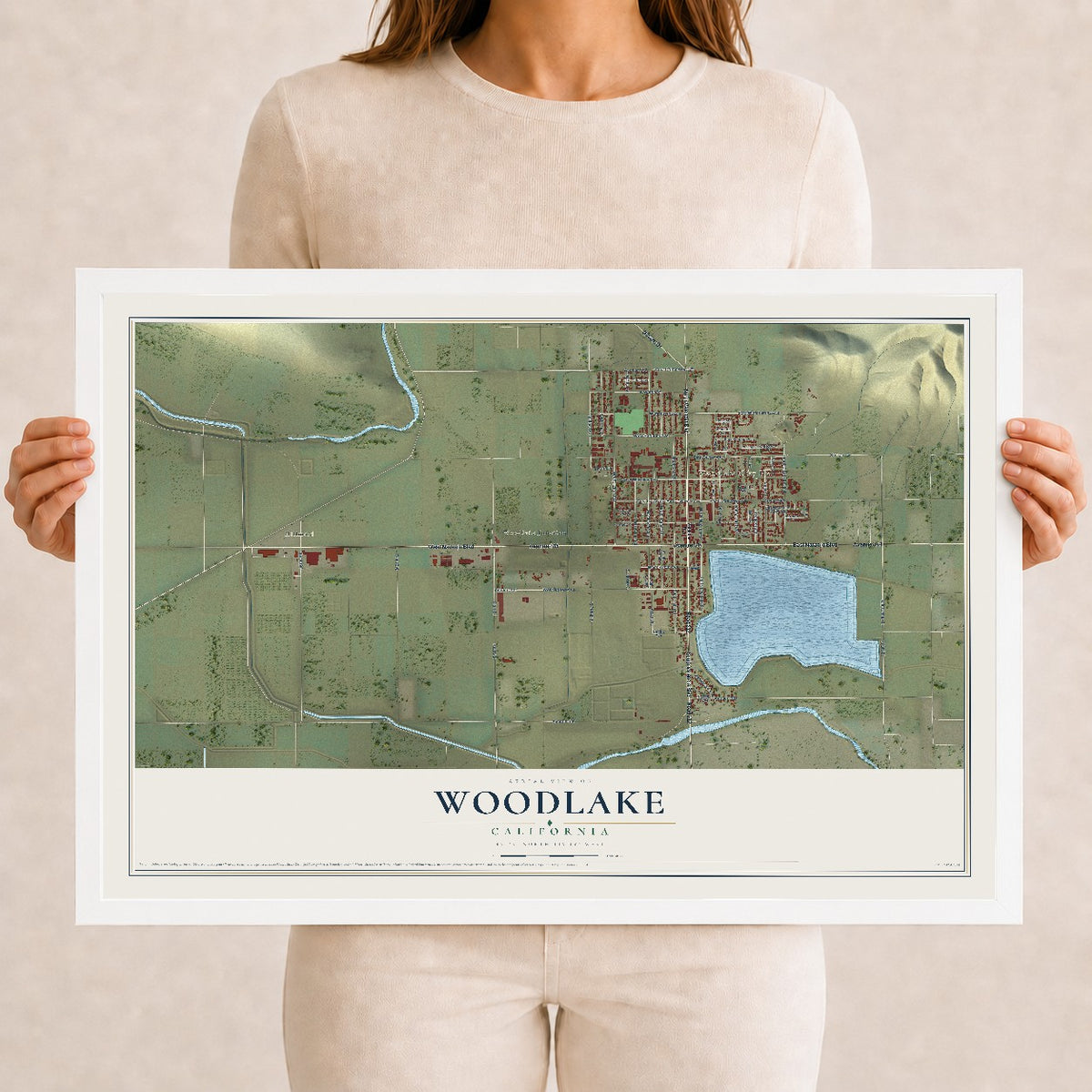 Map of Woodlake, California, 12 x 18 inch print in a white wood frame