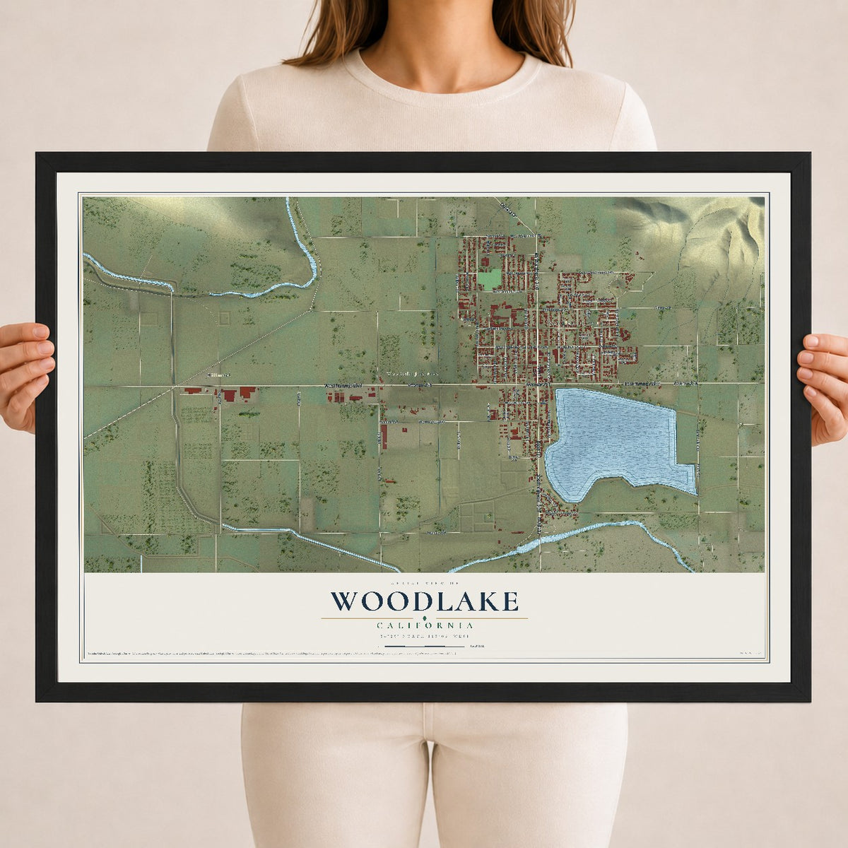 Map of Woodlake, California, 18 x 24 inch print in a black wood frame