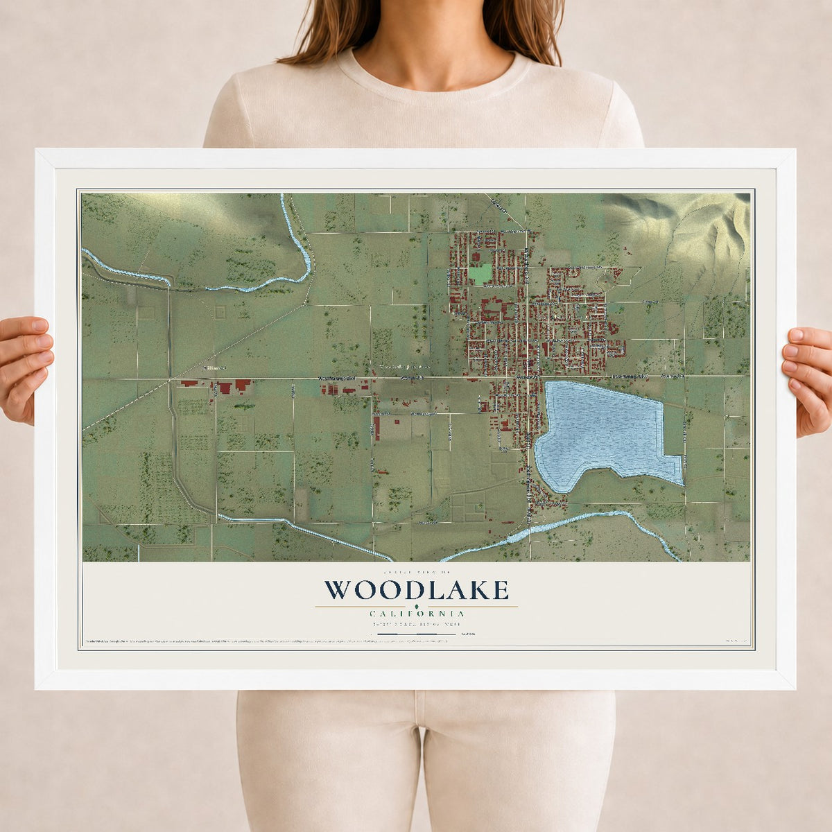 Map of Woodlake, California, 18 x 24 inch print in a white wood frame
