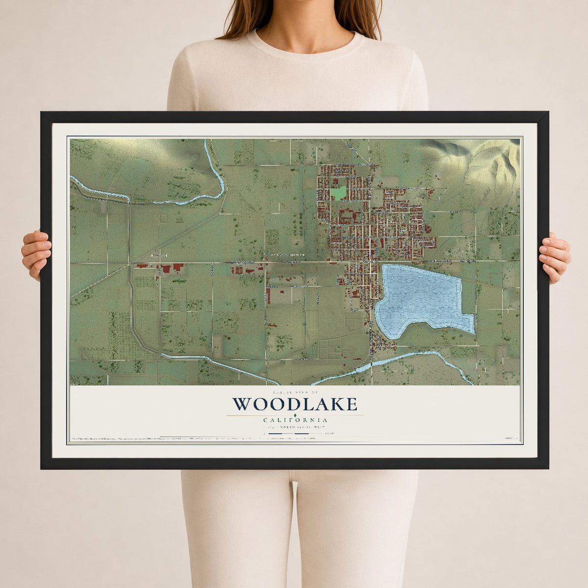 Map of Woodlake, California, 24 x 36 inch print in a black wood frame