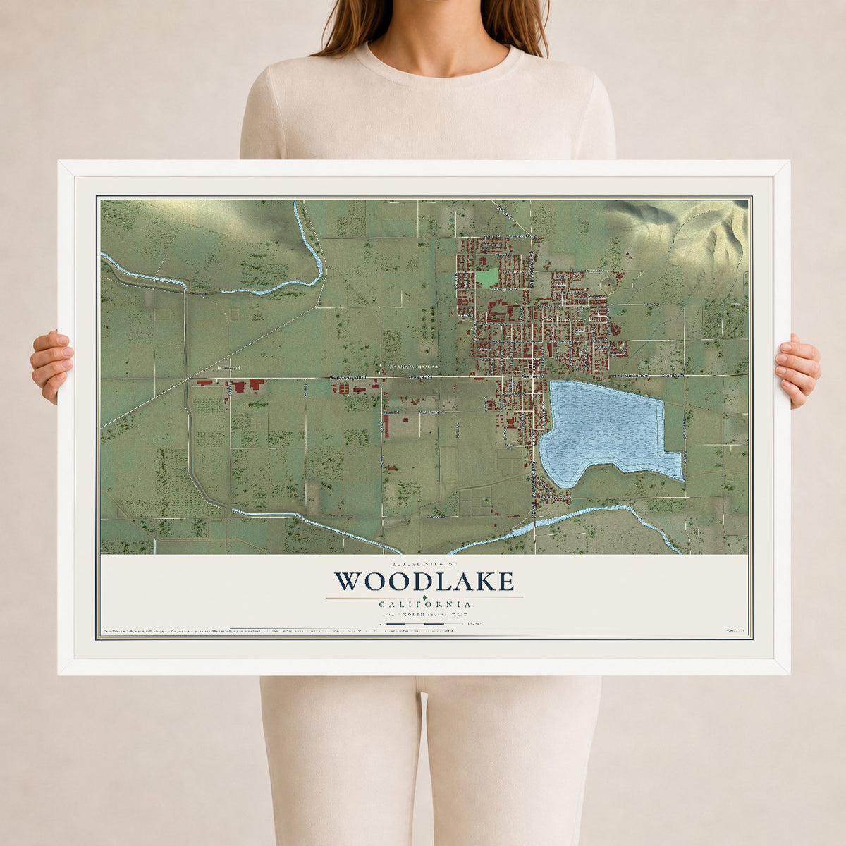 Map of Woodlake, California, 24 x 36 inch print in a white wood frame