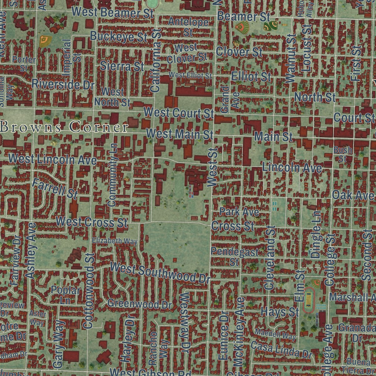 Close-up of the map of Woodland, California print showing street and building detail