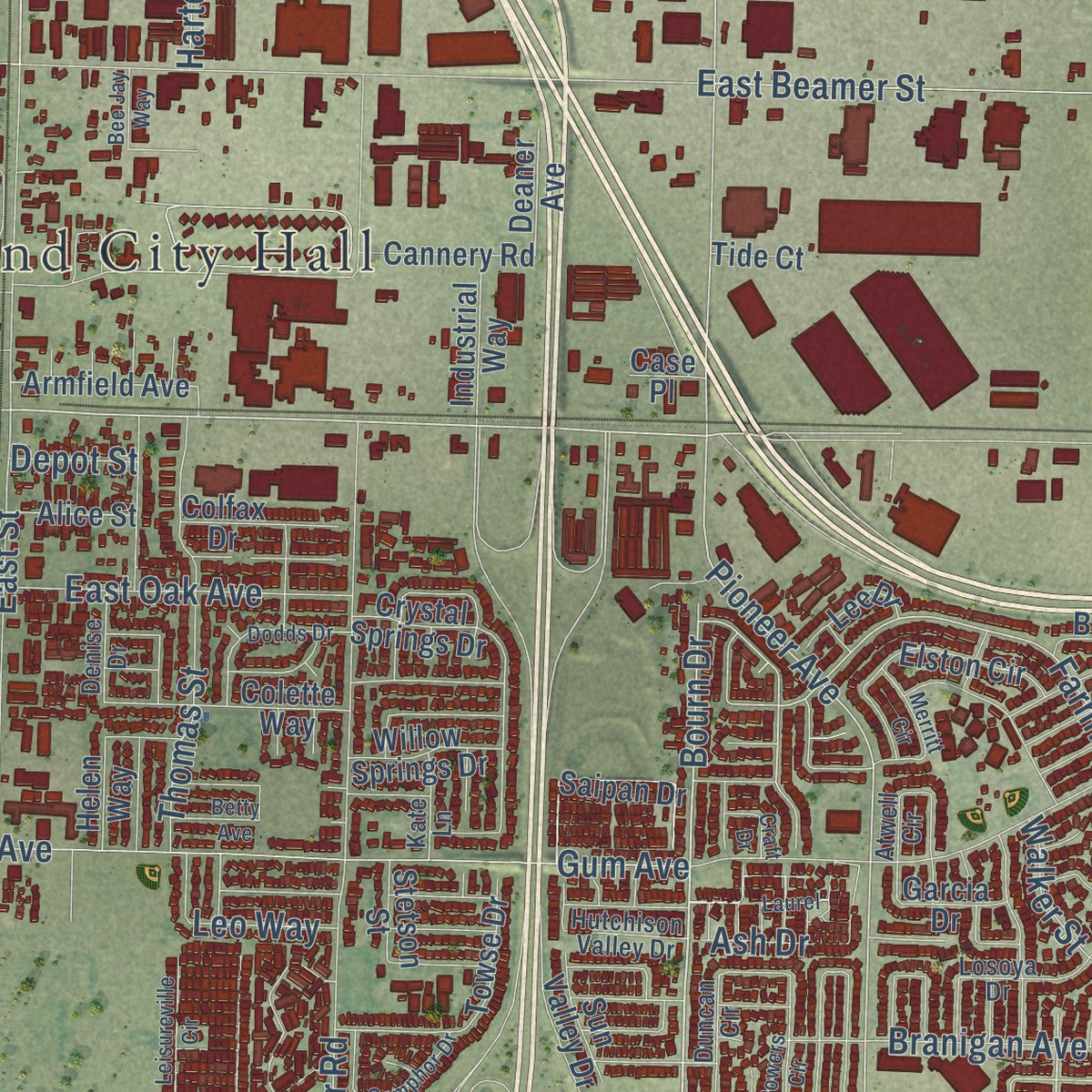 Second close-up of the map of Woodland, California print showing more streets and buildings