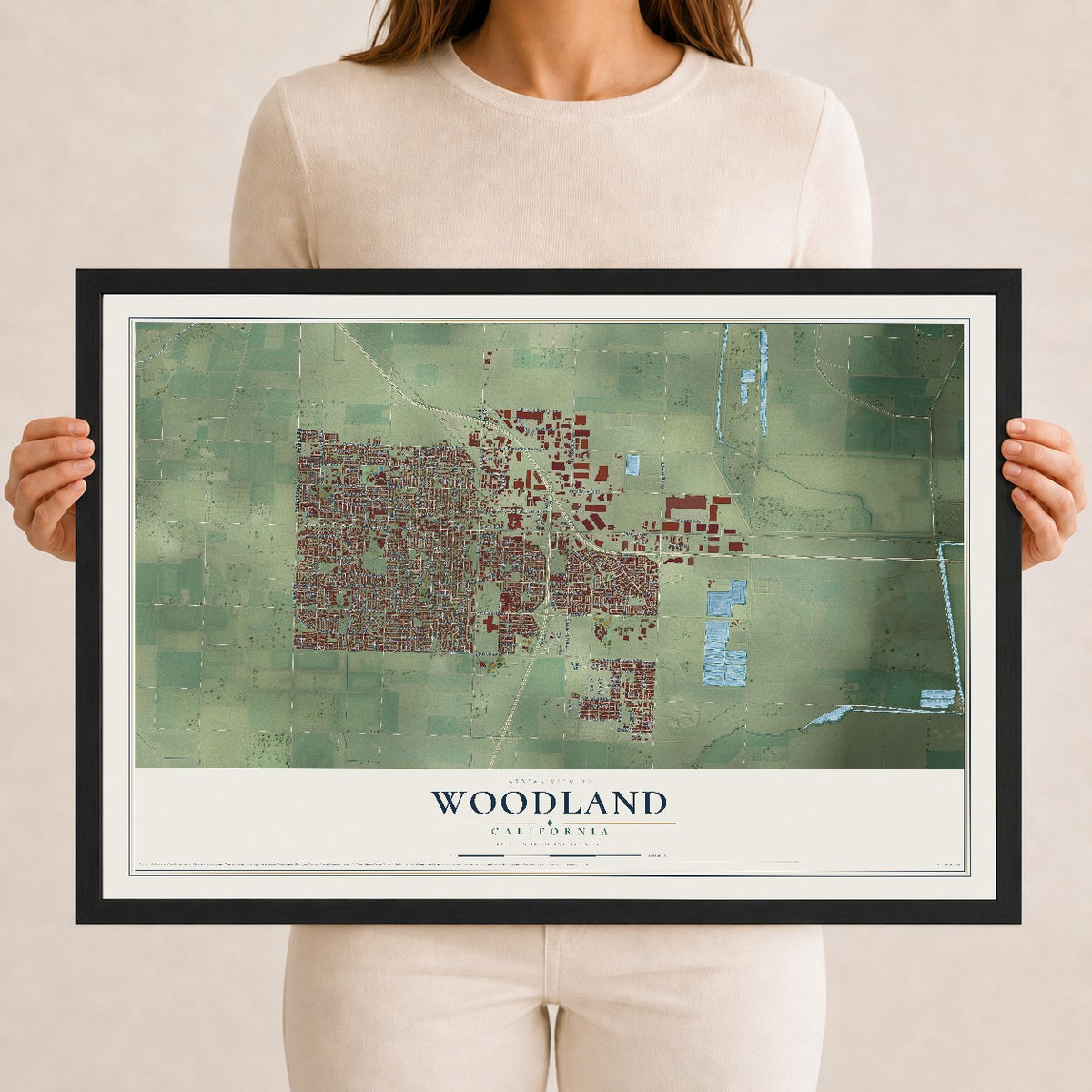 Map of Woodland, California, 12 x 18 inch print in a black wood frame