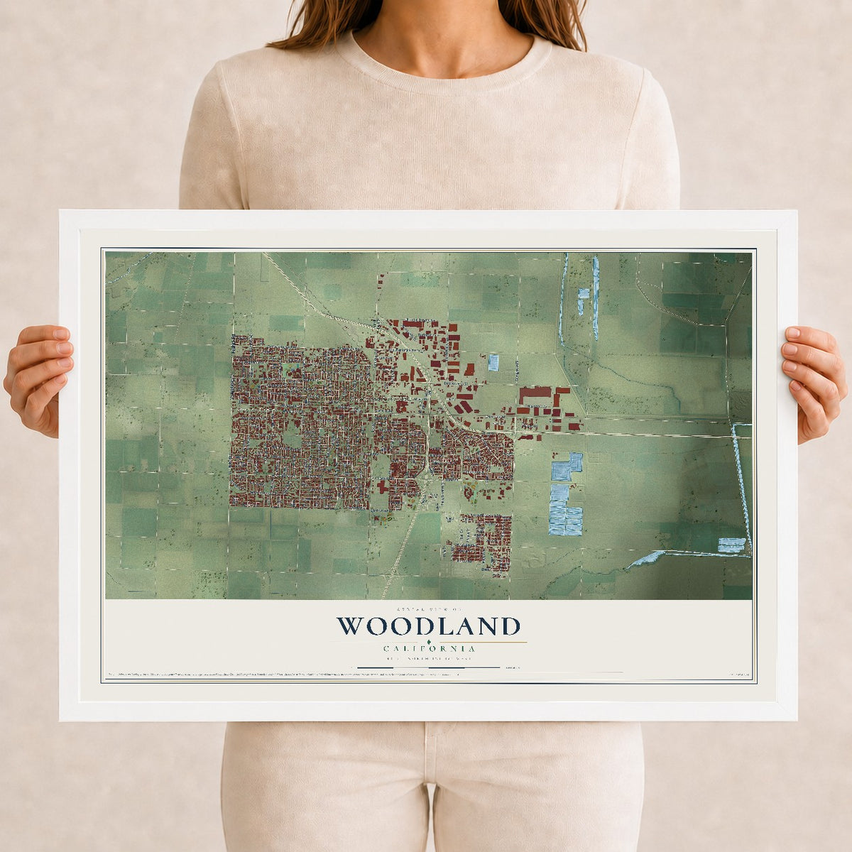 Map of Woodland, California, 12 x 18 inch print in a white wood frame
