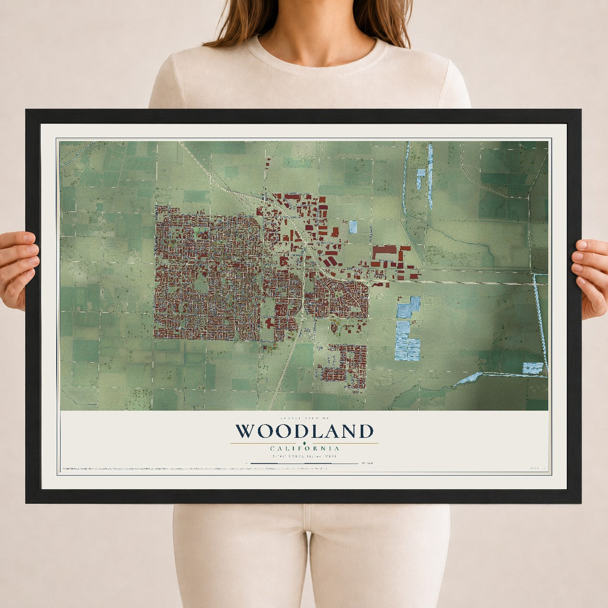 Map of Woodland, California, 18 x 24 inch print in a black wood frame
