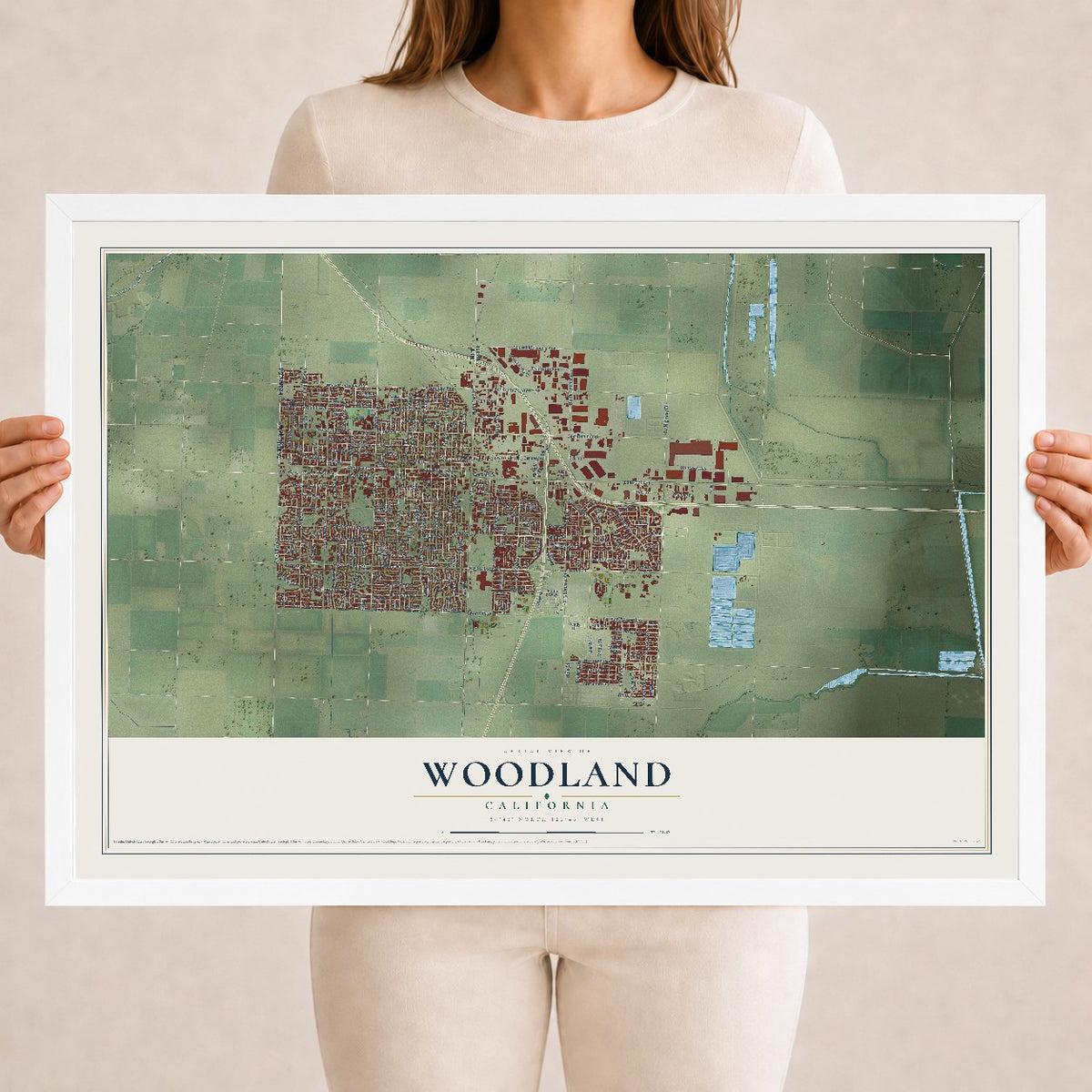 Map of Woodland, California, 18 x 24 inch print in a white wood frame