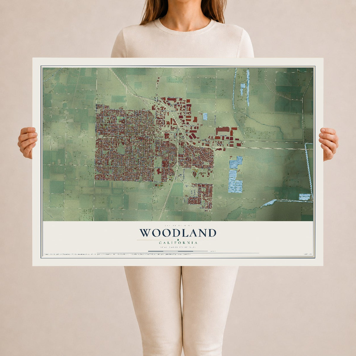 Map of Woodland, California, 24 x 36 inch unframed archival matte print