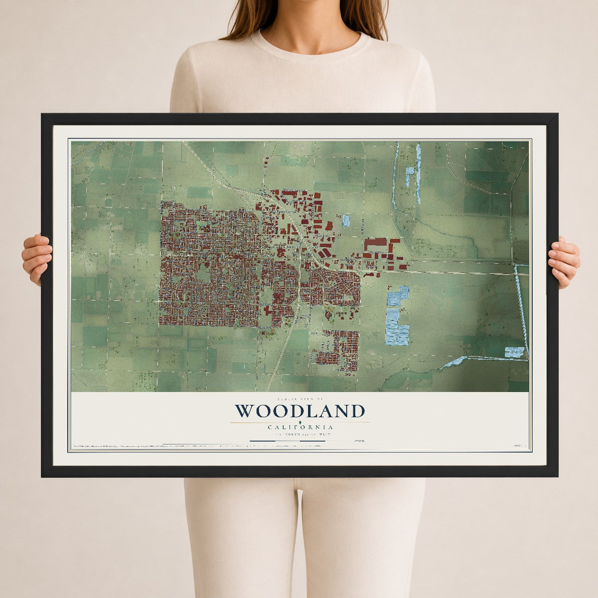 Map of Woodland, California, 24 x 36 inch print in a black wood frame