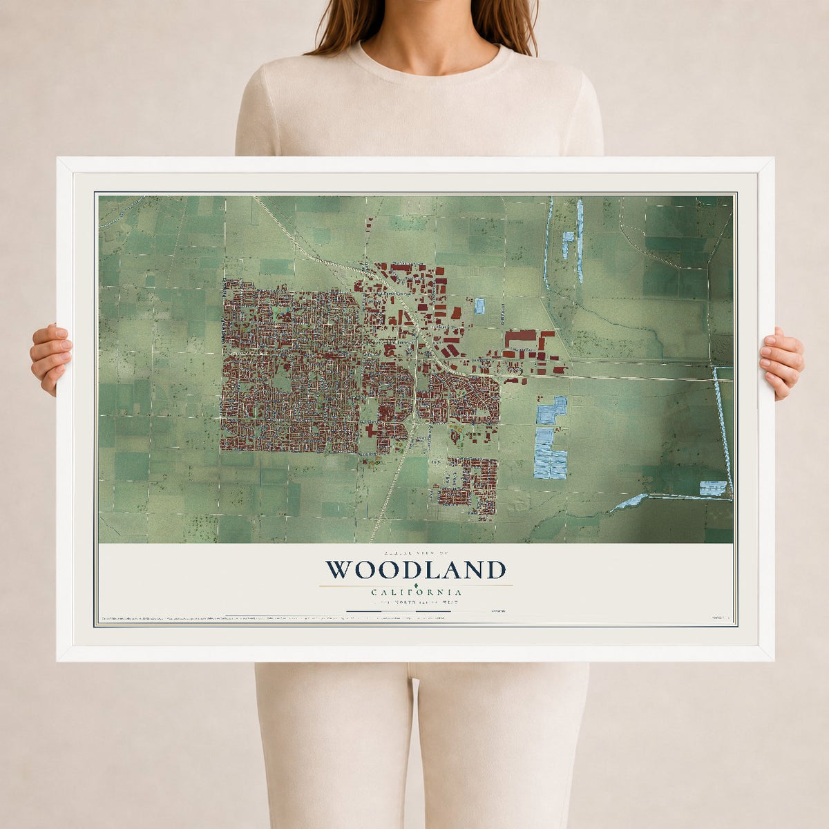 Map of Woodland, California, 24 x 36 inch print in a white wood frame