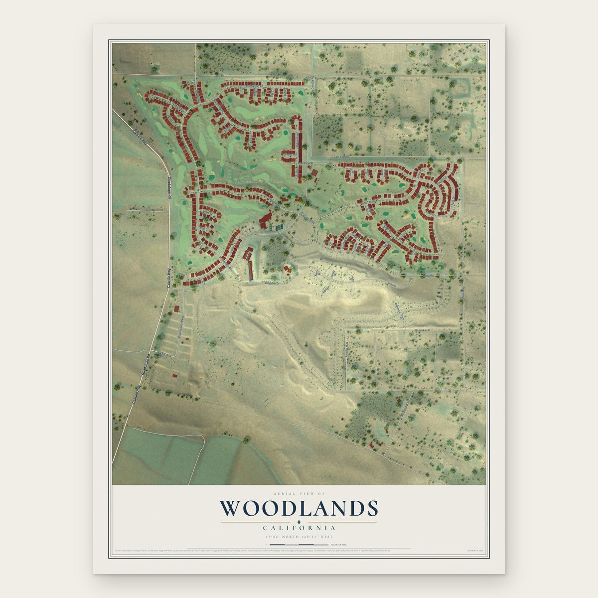 Woodlands, California map print, the full design