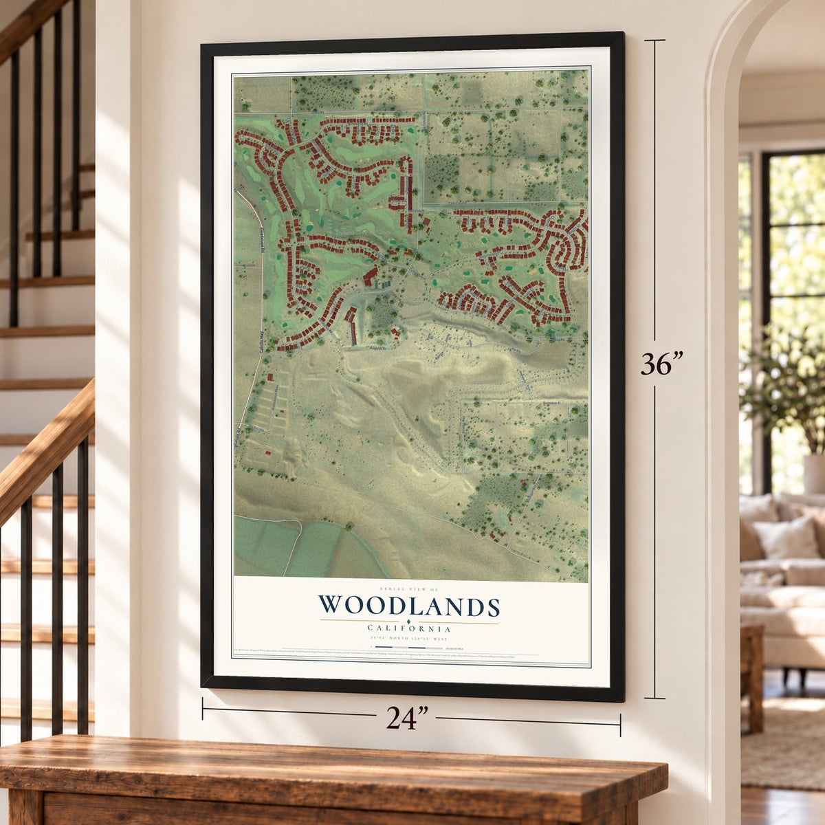 Woodlands, California map, 24 x 36 inch print in a black frame by a staircase