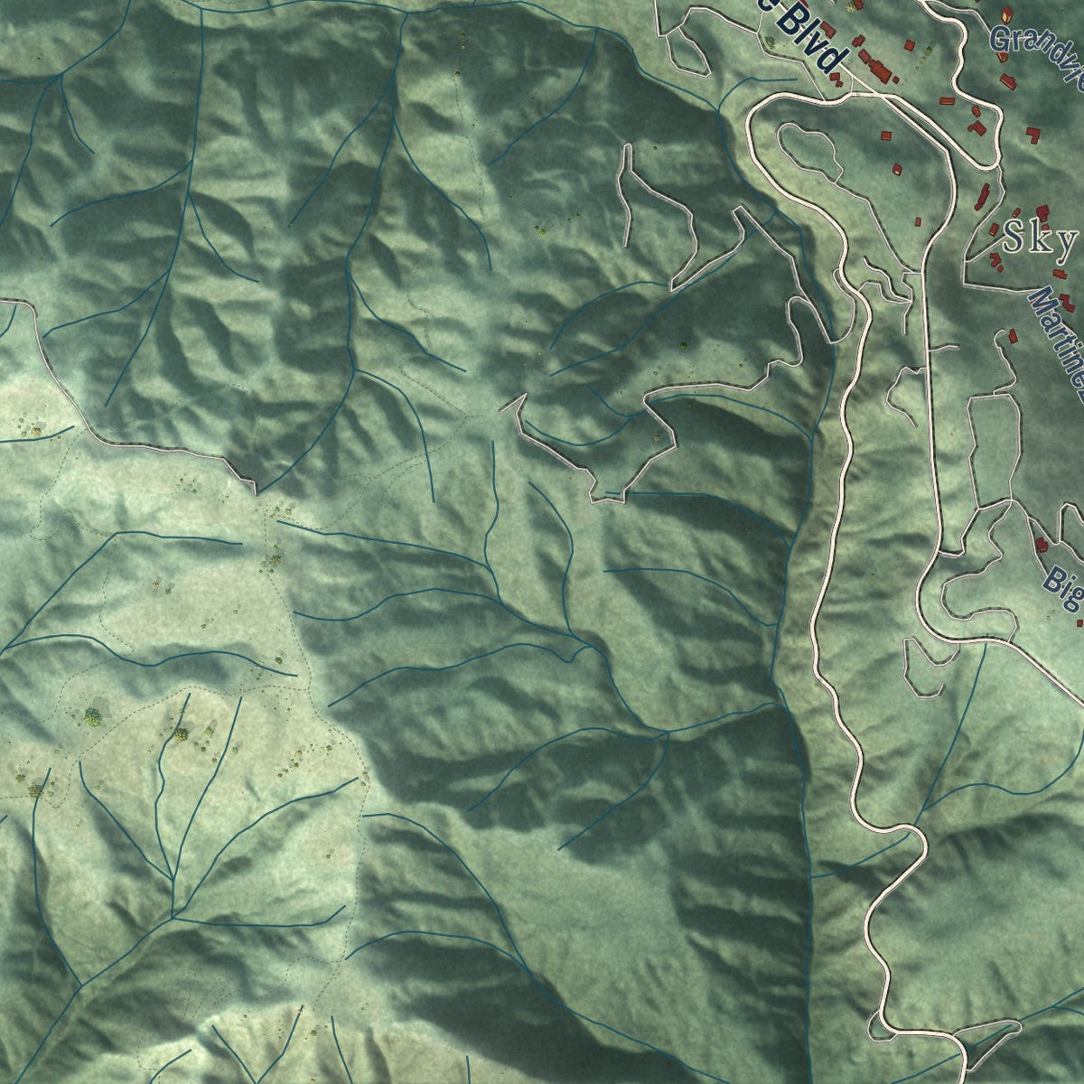 Second close-up of the map of Woodside, California print showing more streets and buildings