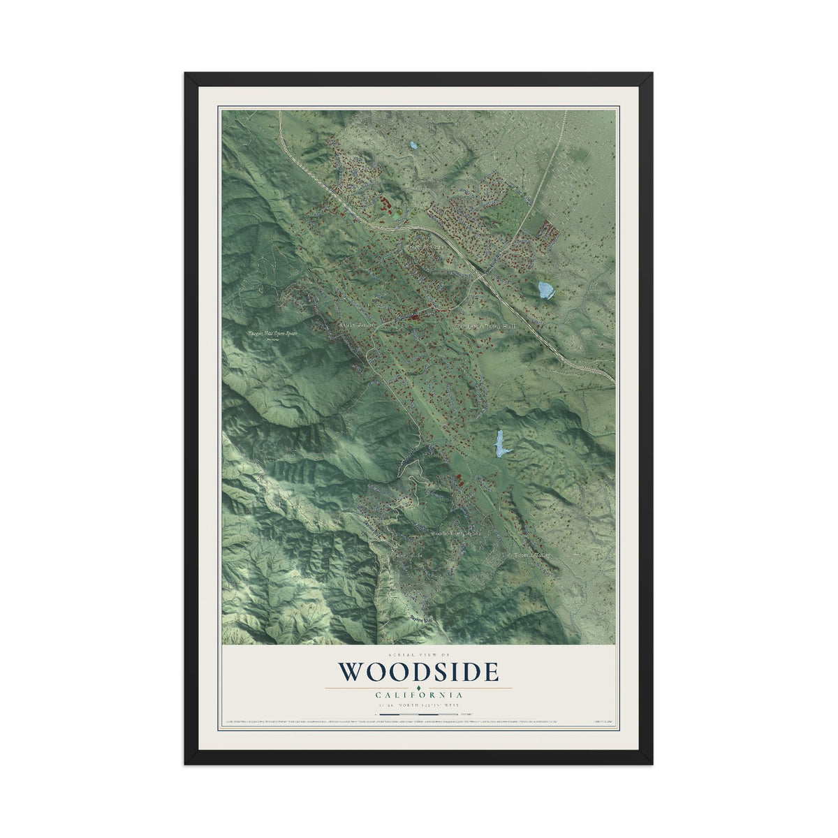 Map of Woodside, California, 12 x 18 inch print in a black wood frame