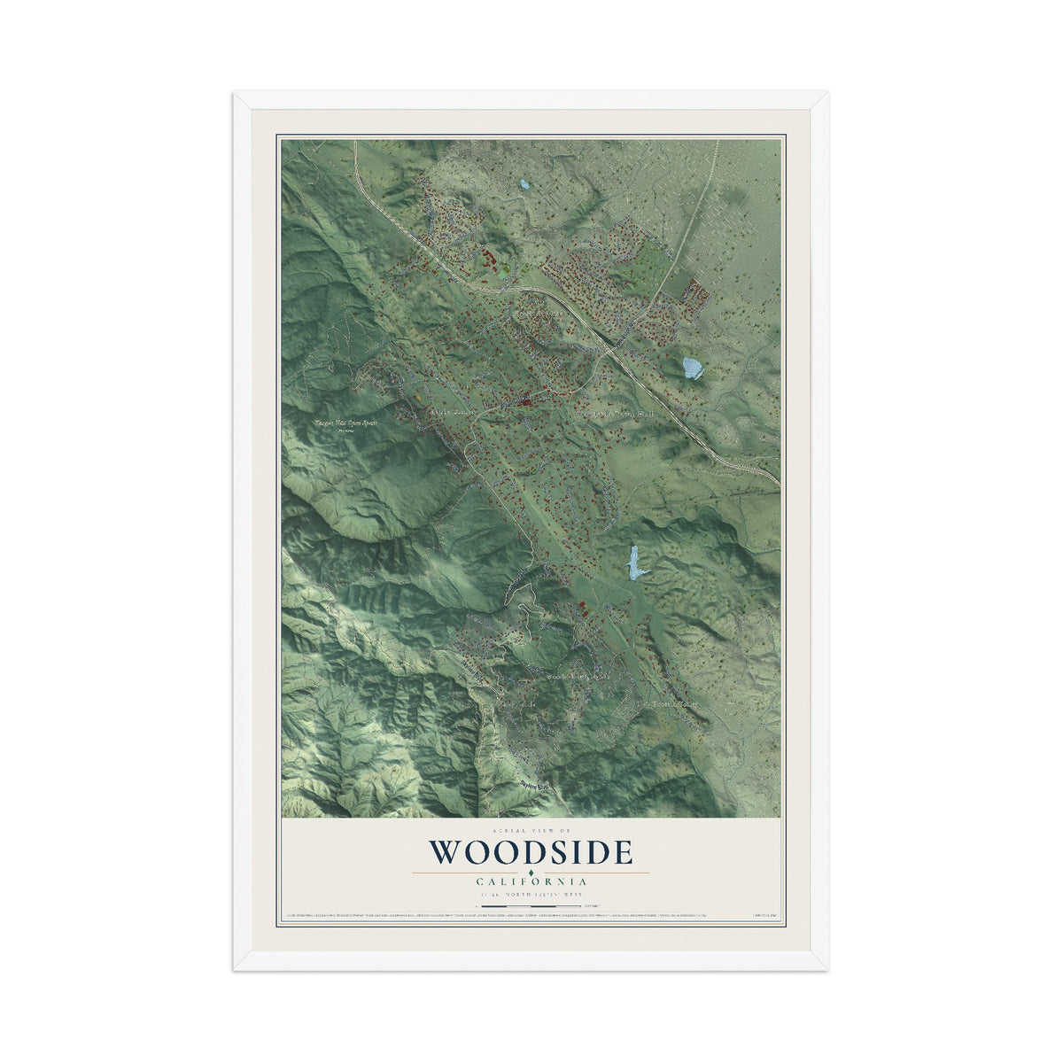 Map of Woodside, California, 12 x 18 inch print in a white wood frame