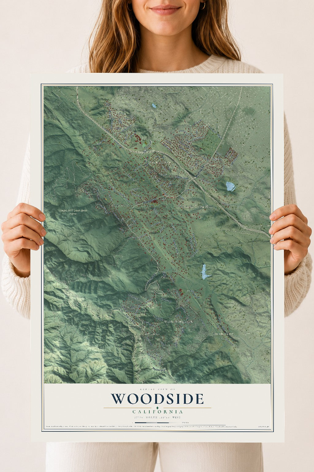 Map of Woodside, California, 18 x 24 inch unframed archival matte print