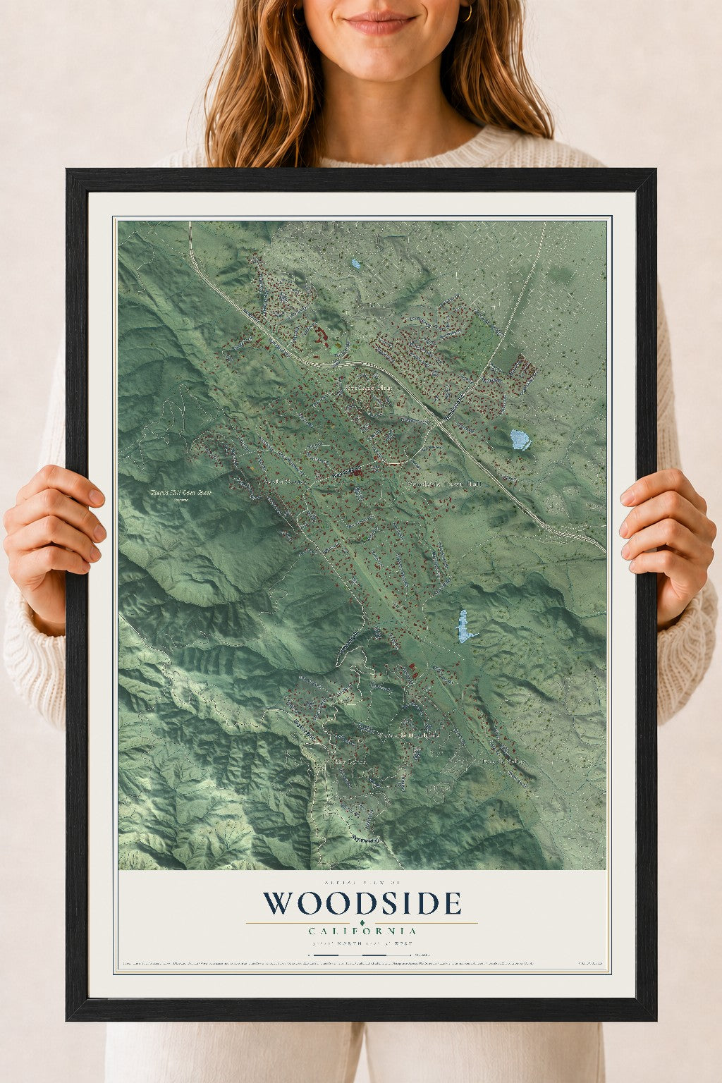 Map of Woodside, California, 18 x 24 inch print in a black wood frame