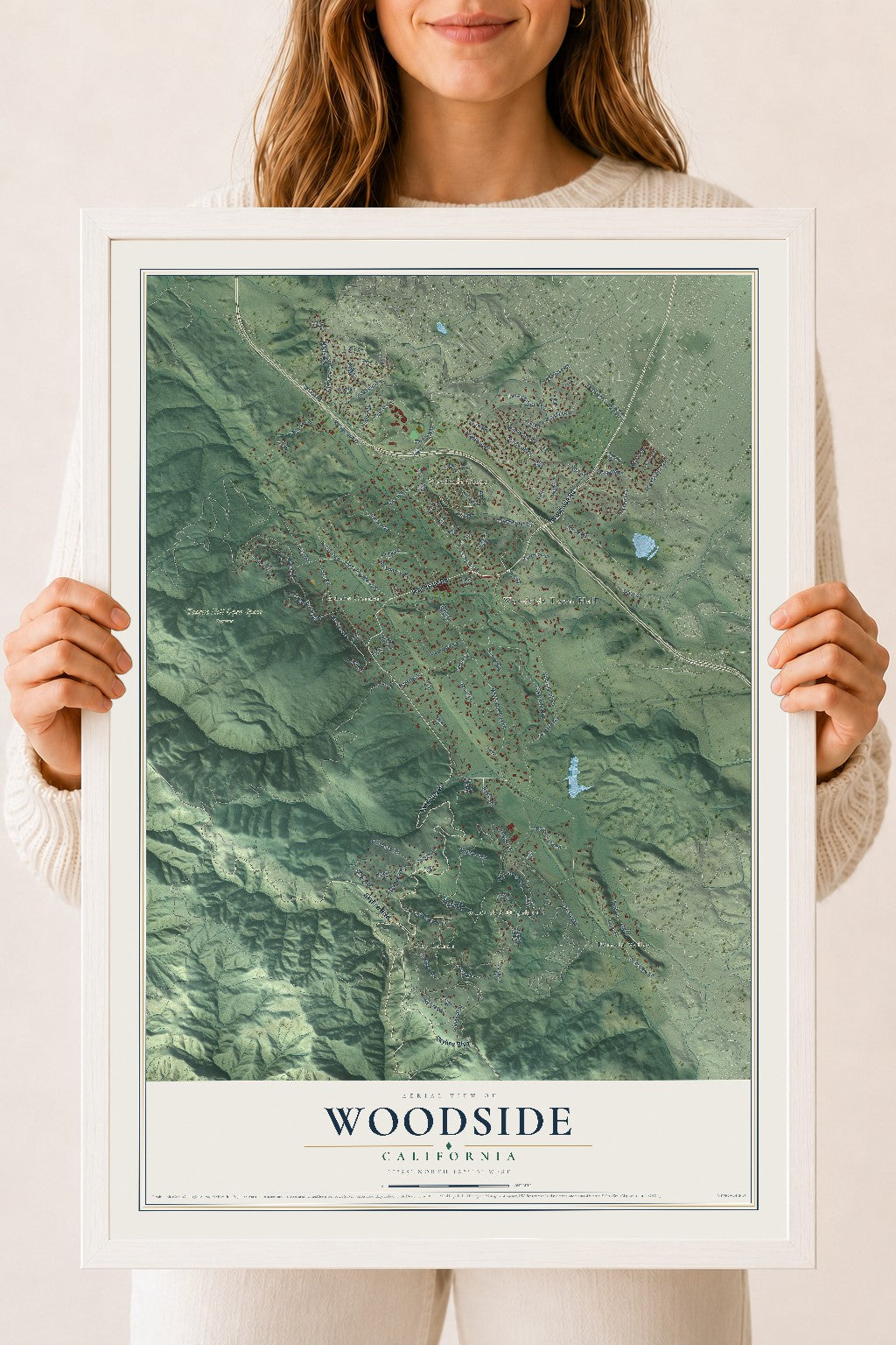 Map of Woodside, California, 18 x 24 inch print in a white wood frame