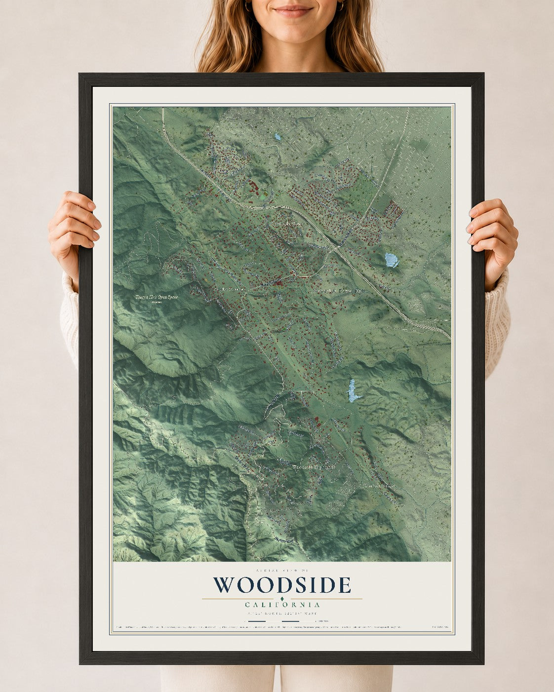 Map of Woodside, California, 24 x 36 inch print in a black wood frame
