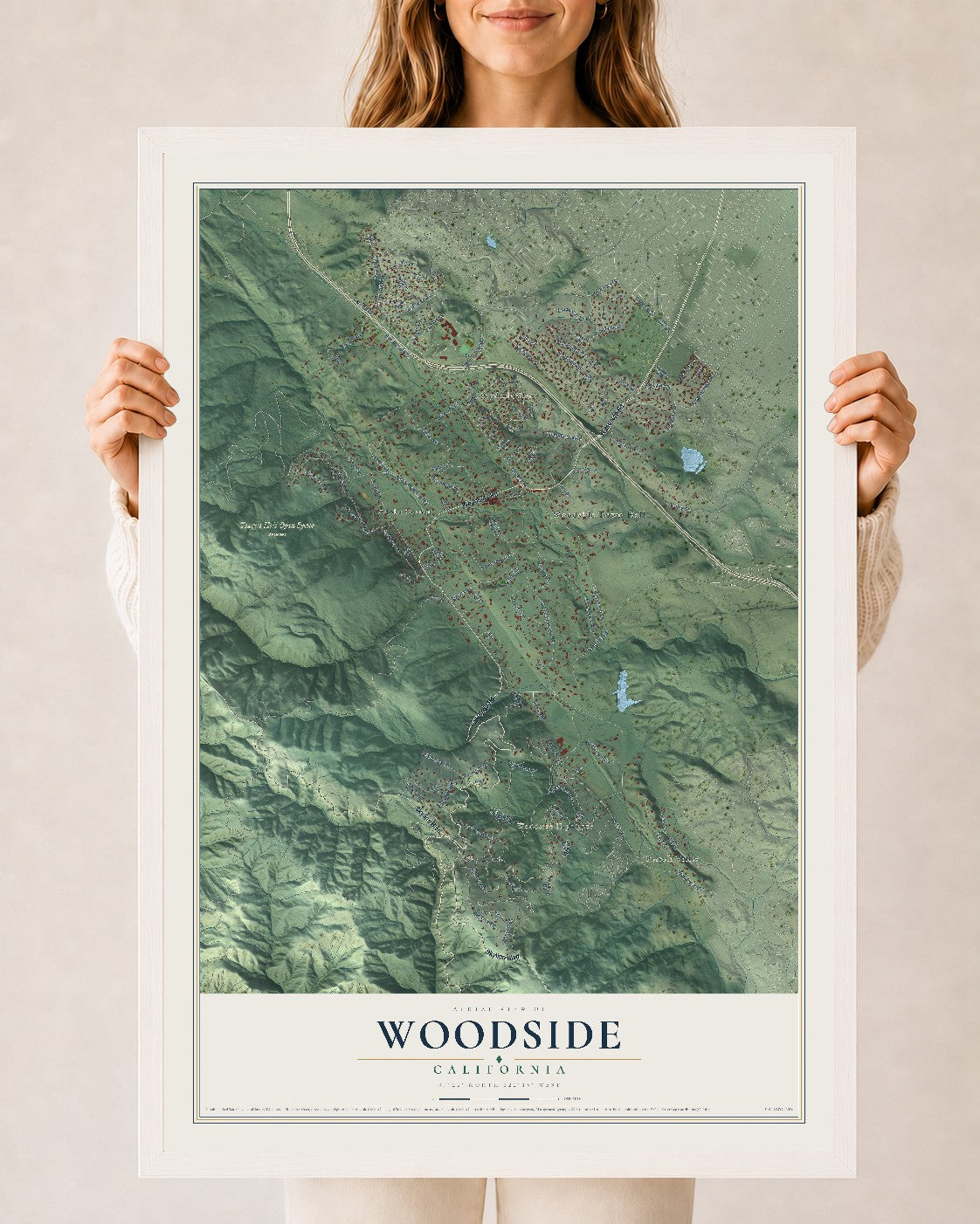 Map of Woodside, California, 24 x 36 inch print in a white wood frame
