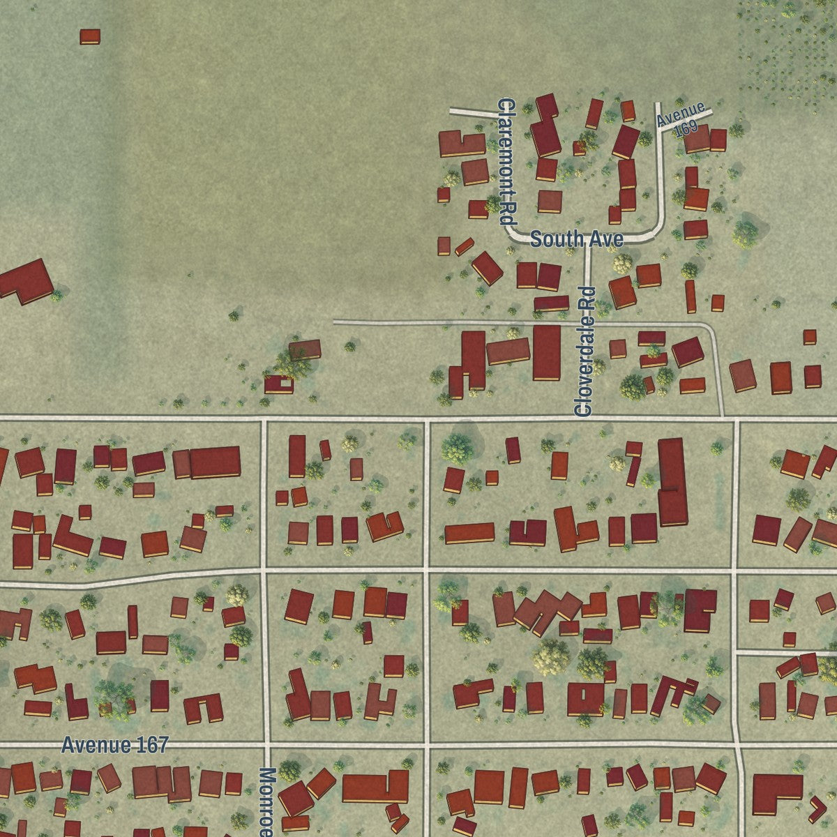 Close-up of the map of Woodville, California print showing street and building detail