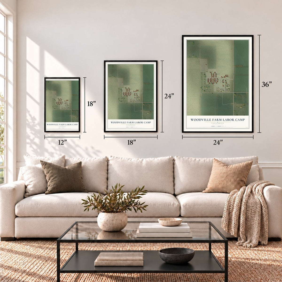 Woodville Farm Labor Camp, California map in 12 x 18, 18 x 24 and 24 x 36 inch sizes above a sofa
