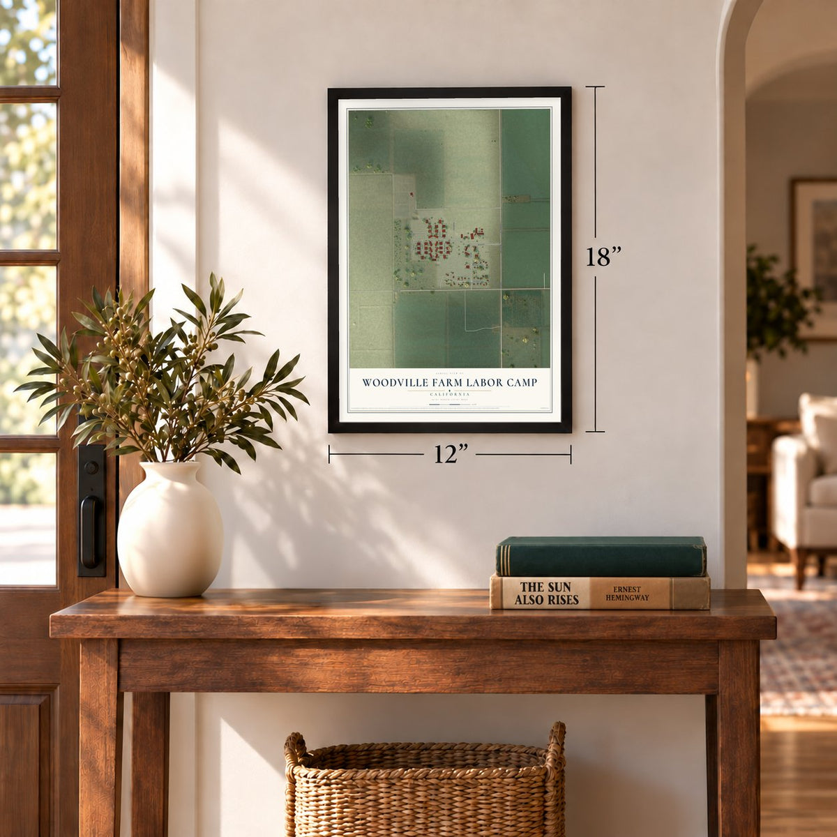 Woodville Farm Labor Camp, California map, 12 x 18 inch print in a black frame in an entryway