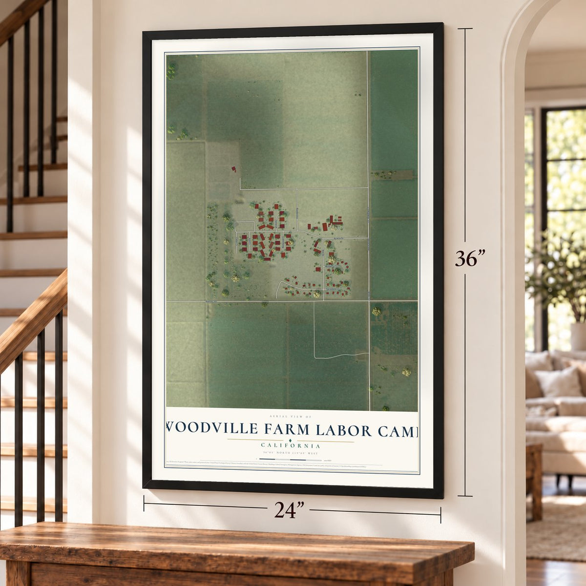 Woodville Farm Labor Camp, California map, 24 x 36 inch print in a black frame by a staircase