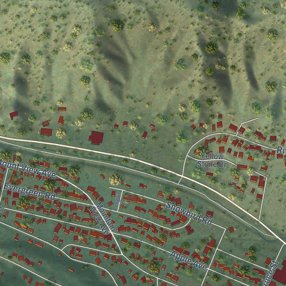 Close-up of the map of Wrightwood, California print showing street and building detail