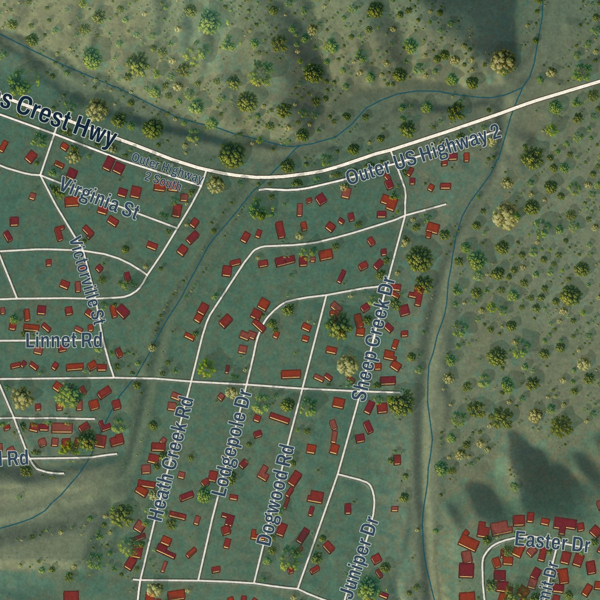 Second close-up of the map of Wrightwood, California print showing more streets and buildings