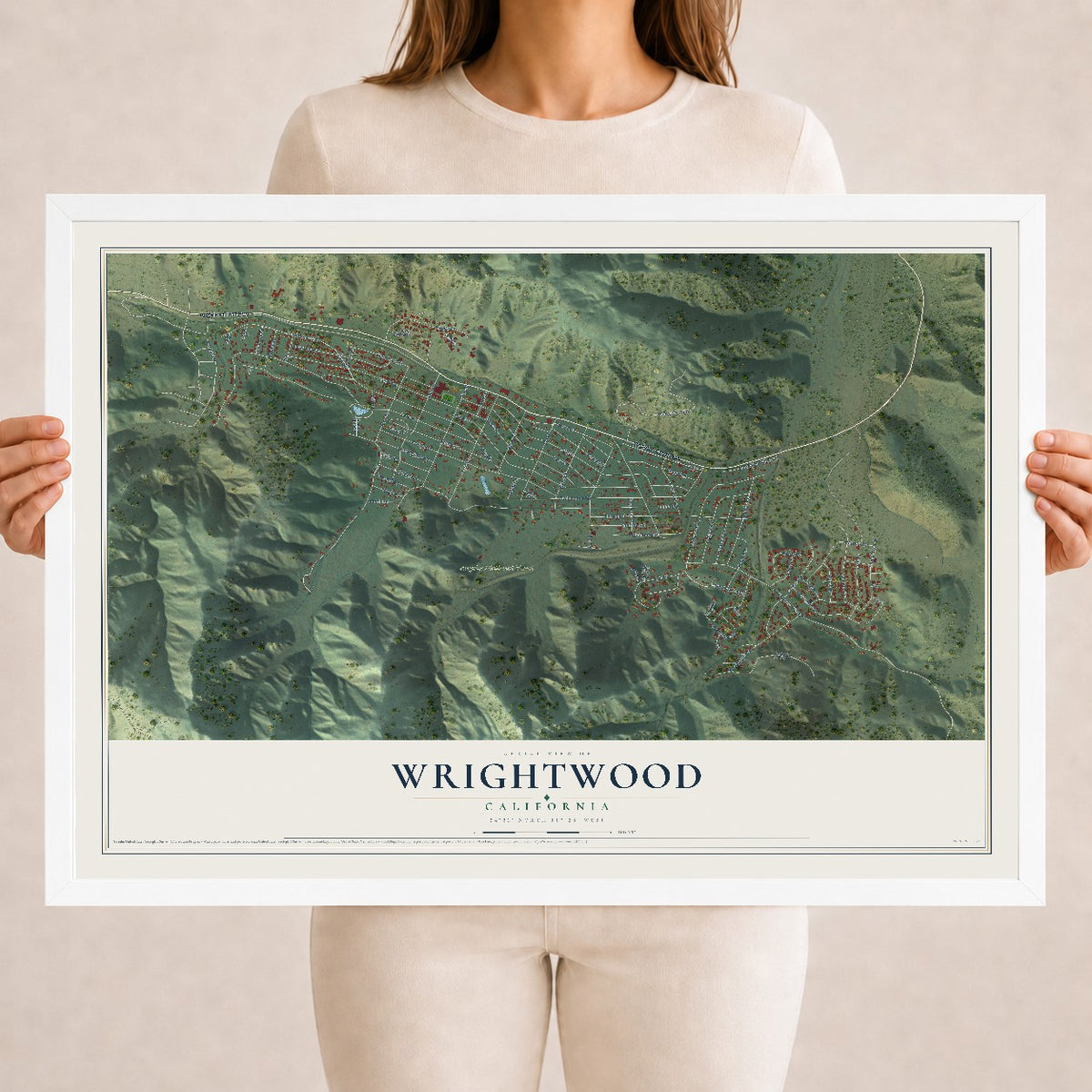 Map of Wrightwood, California, 18 x 24 inch print in a white wood frame