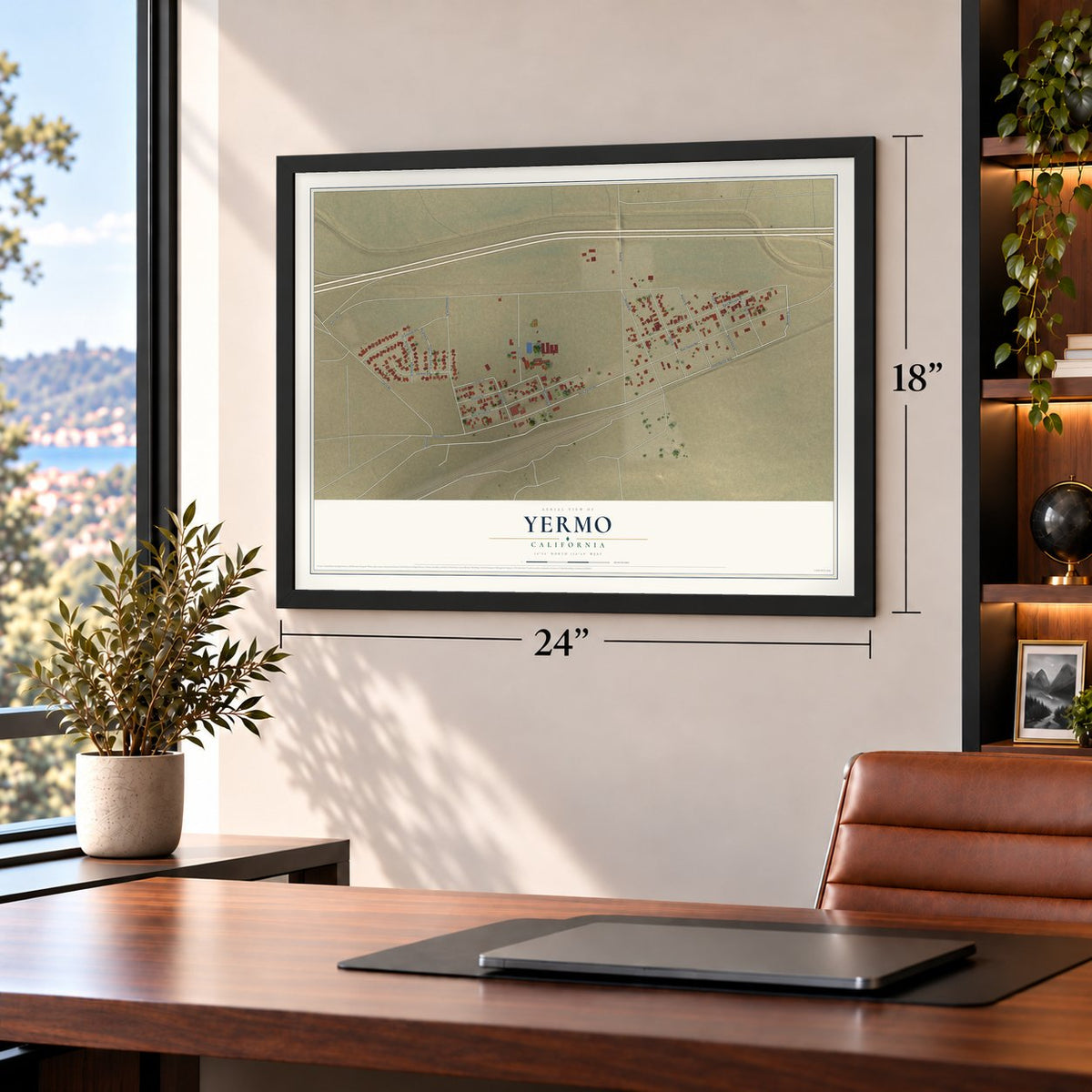 Yermo, California map, 18 x 24 inch print in a black frame in a home office