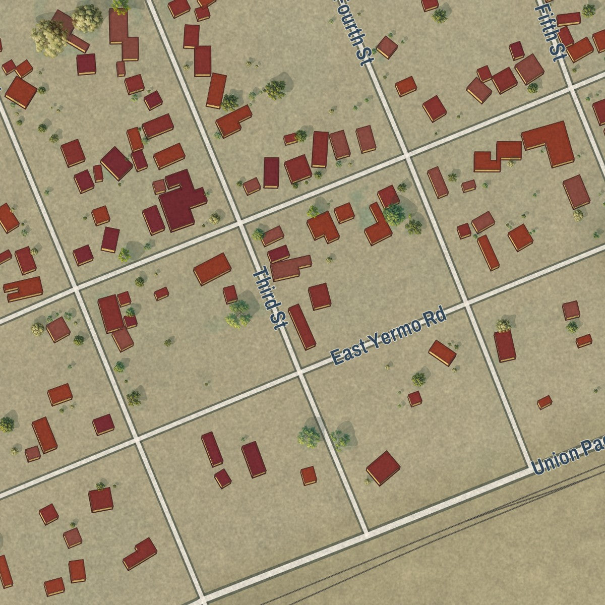 Close-up of the map of Yermo, California print showing street and building detail