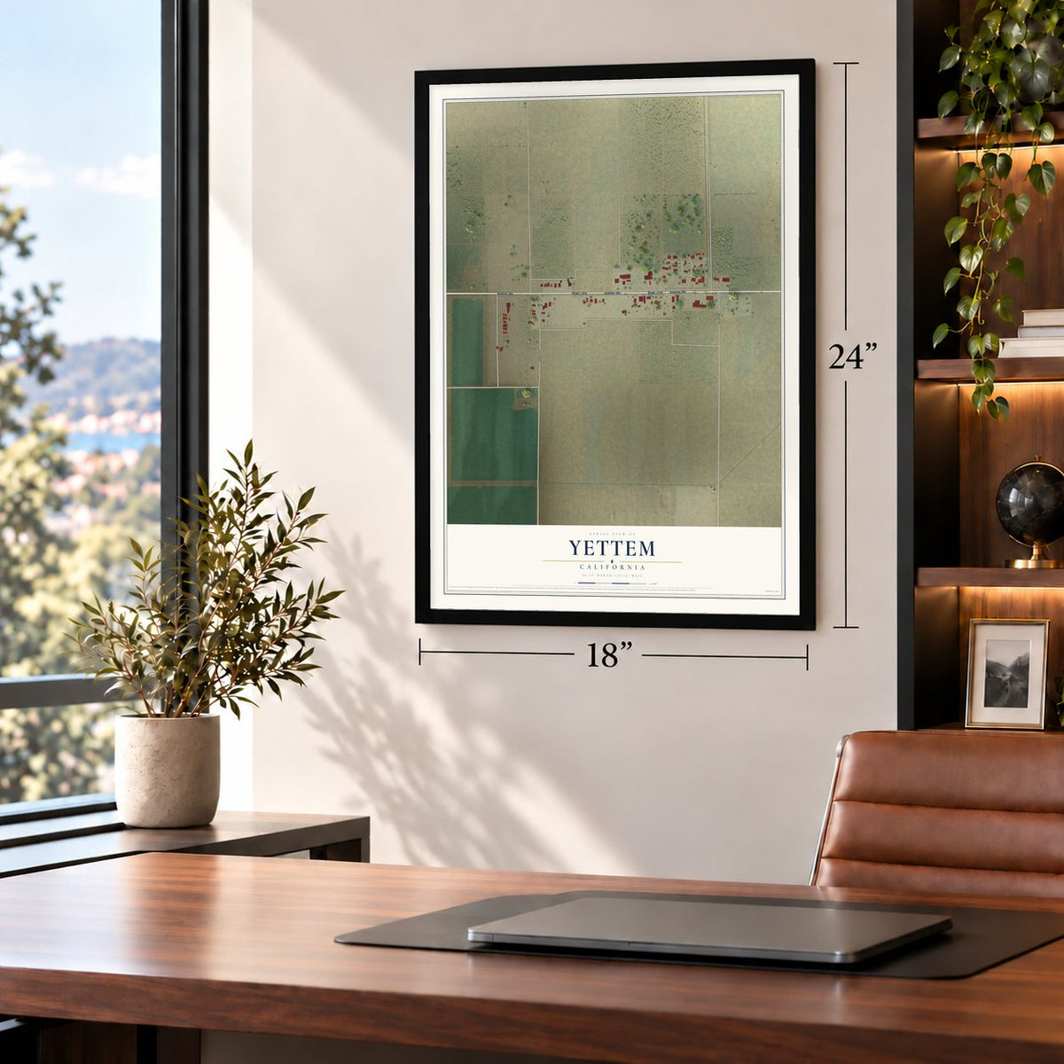 Yettem, California map, 18 x 24 inch print in a black frame in a home office