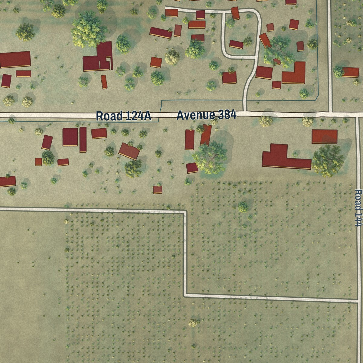 Close-up of the map of Yettem, California print showing street and building detail