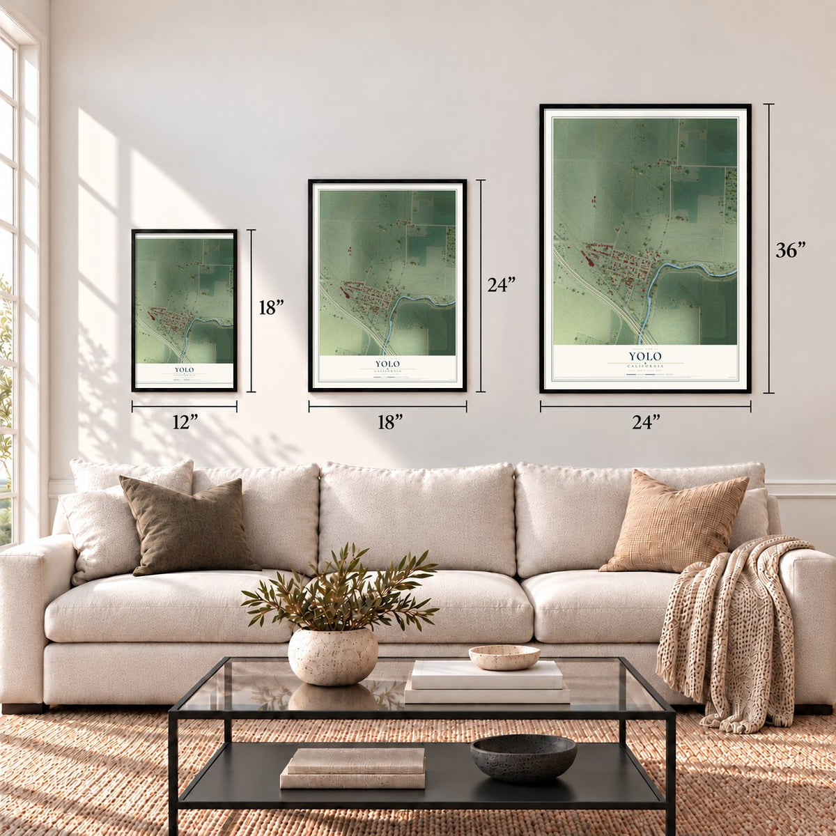 Yolo, California map in 12 x 18, 18 x 24 and 24 x 36 inch sizes above a sofa