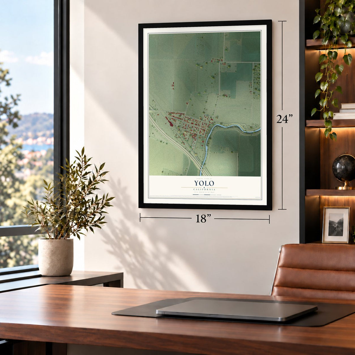 Yolo, California map, 18 x 24 inch print in a black frame in a home office