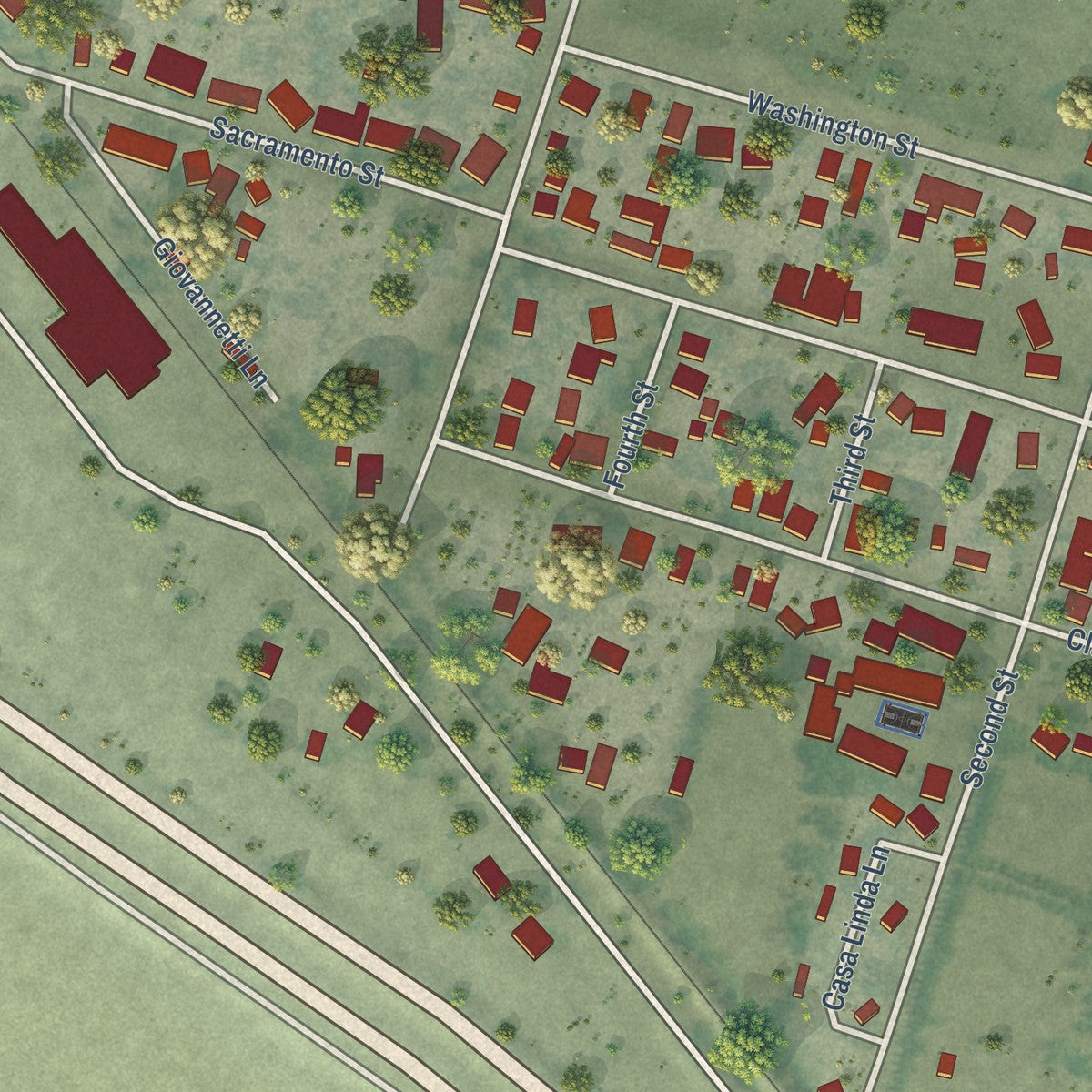 Close-up of the map of Yolo, California print showing street and building detail