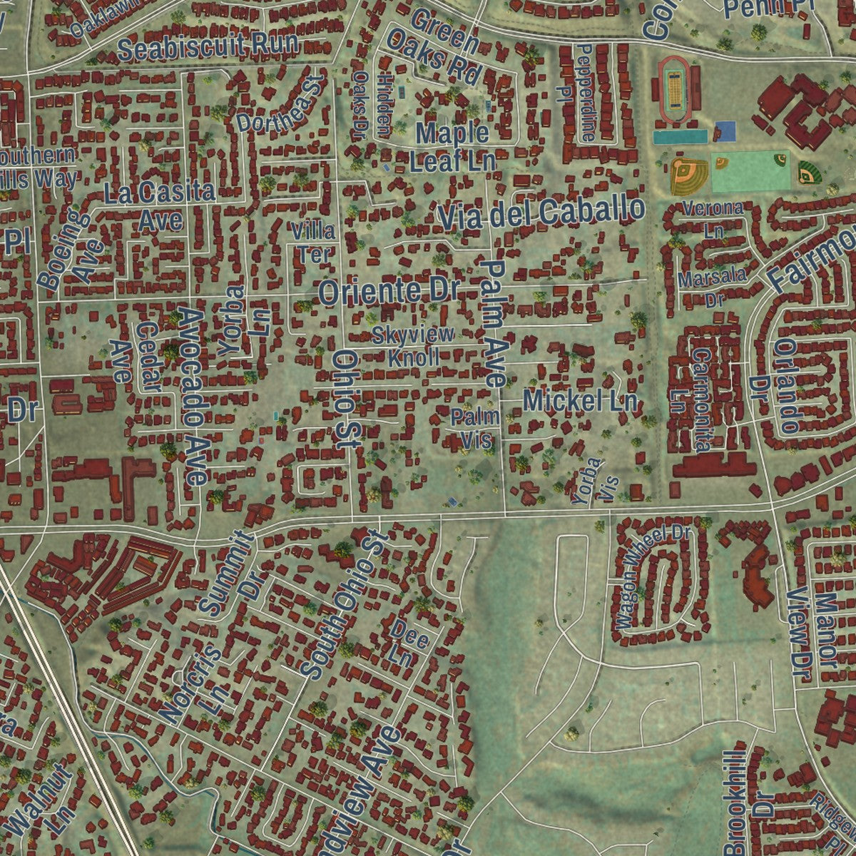 Close-up of the map of Yorba Linda, California print showing street and building detail