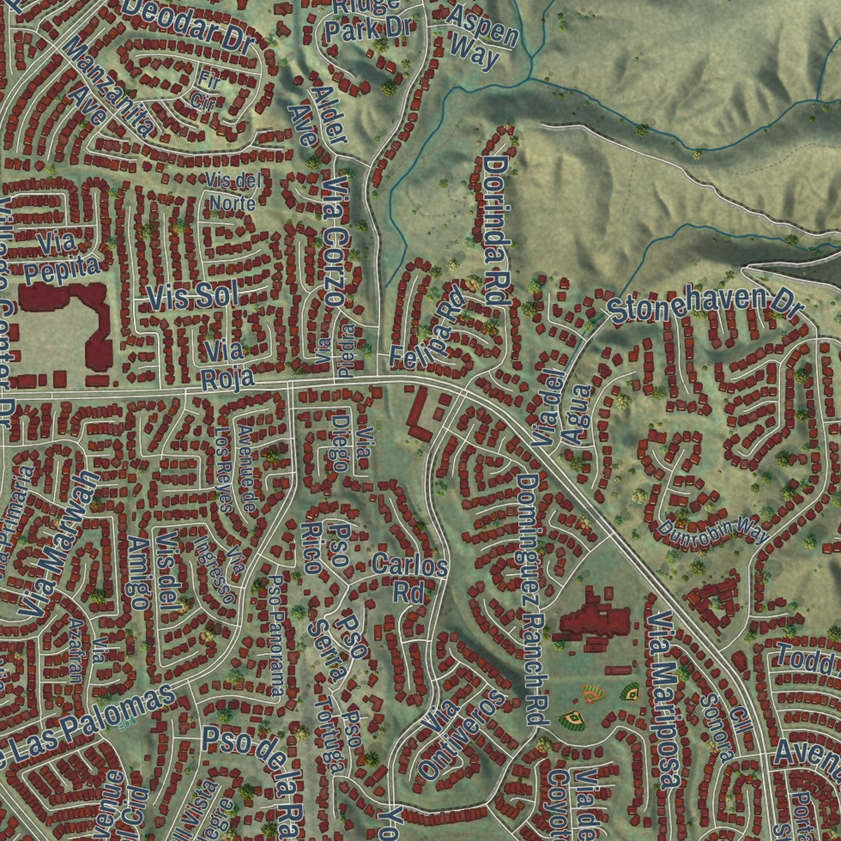 Second close-up of the map of Yorba Linda, California print showing more streets and buildings