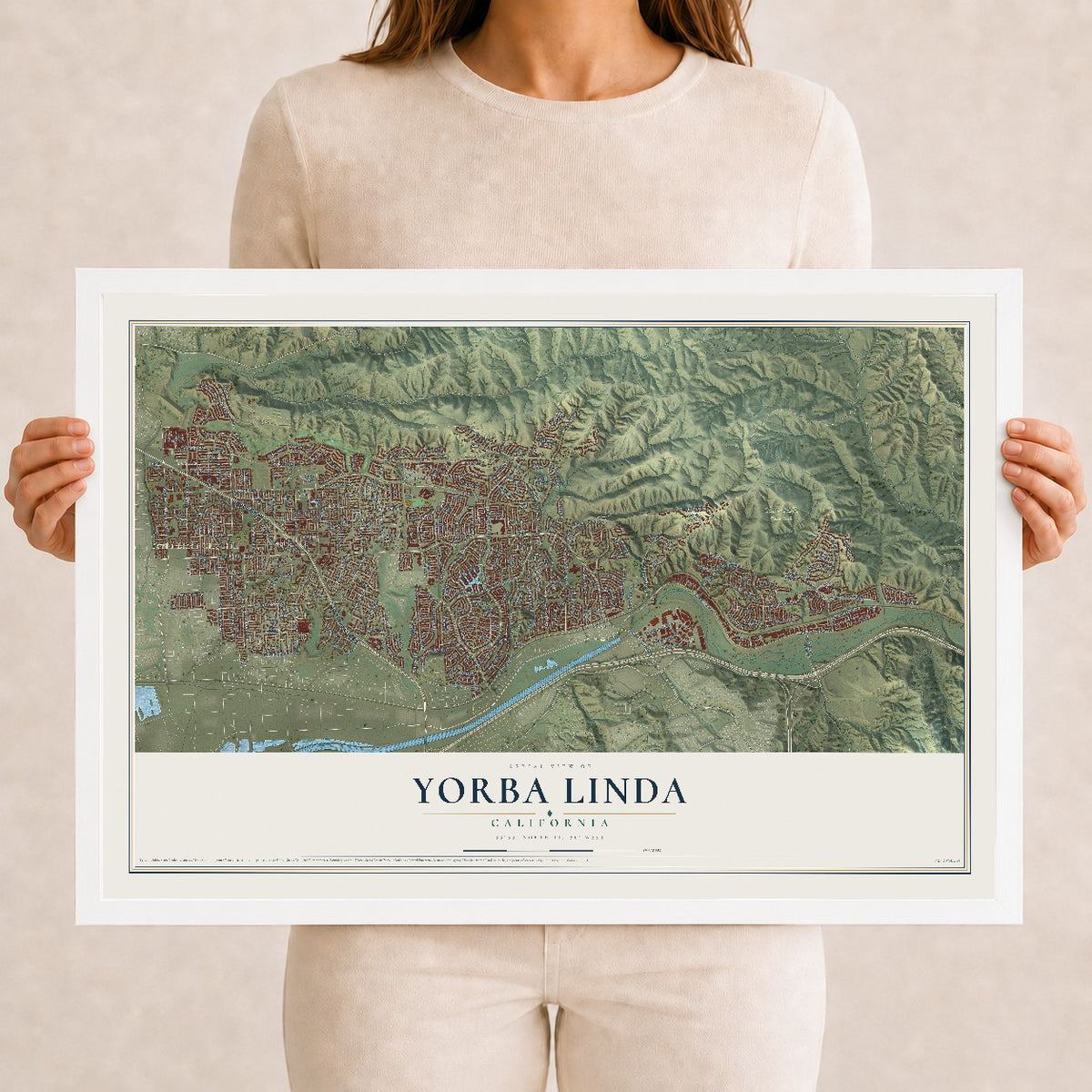 Map of Yorba Linda, California, 12 x 18 inch print in a white wood frame