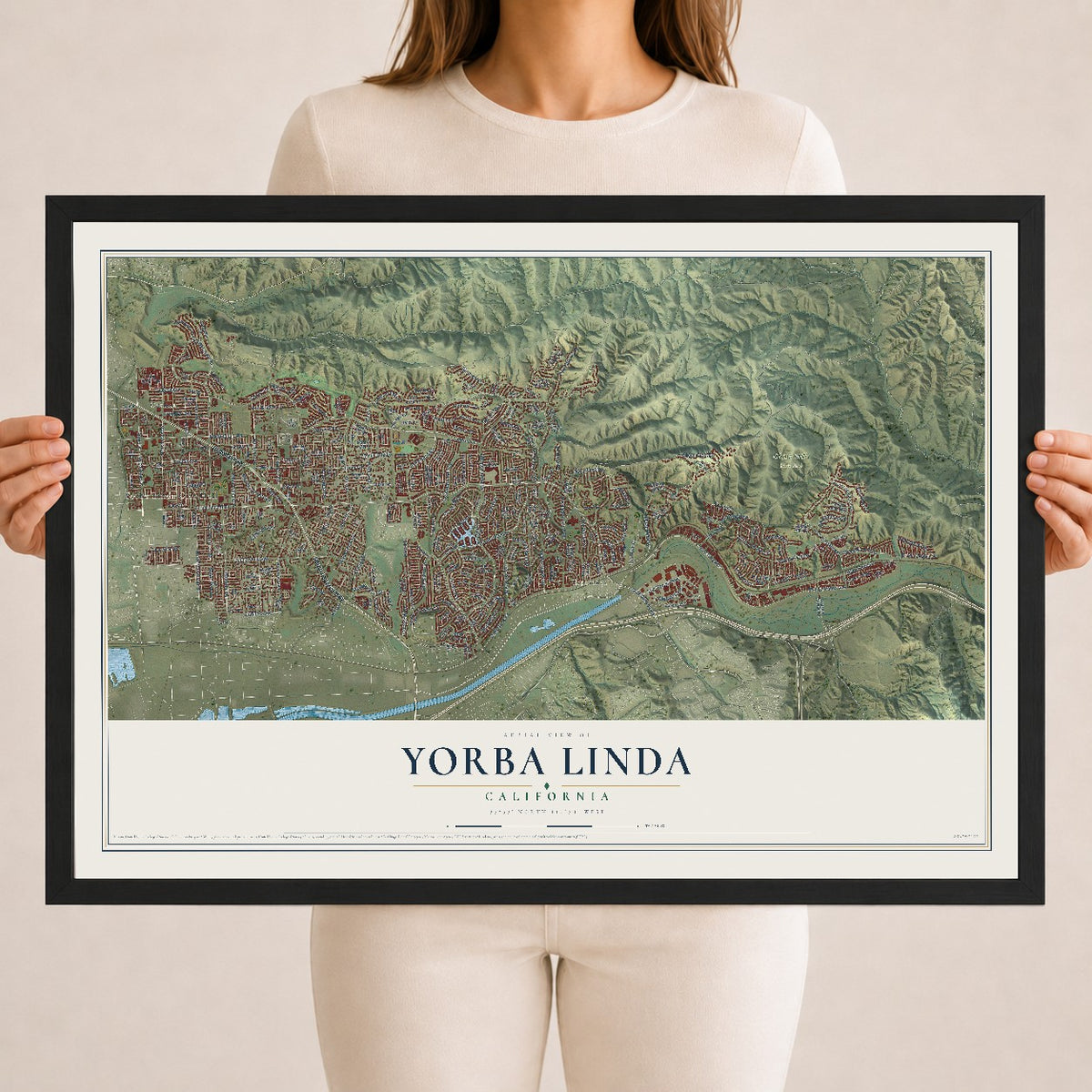 Map of Yorba Linda, California, 18 x 24 inch print in a black wood frame