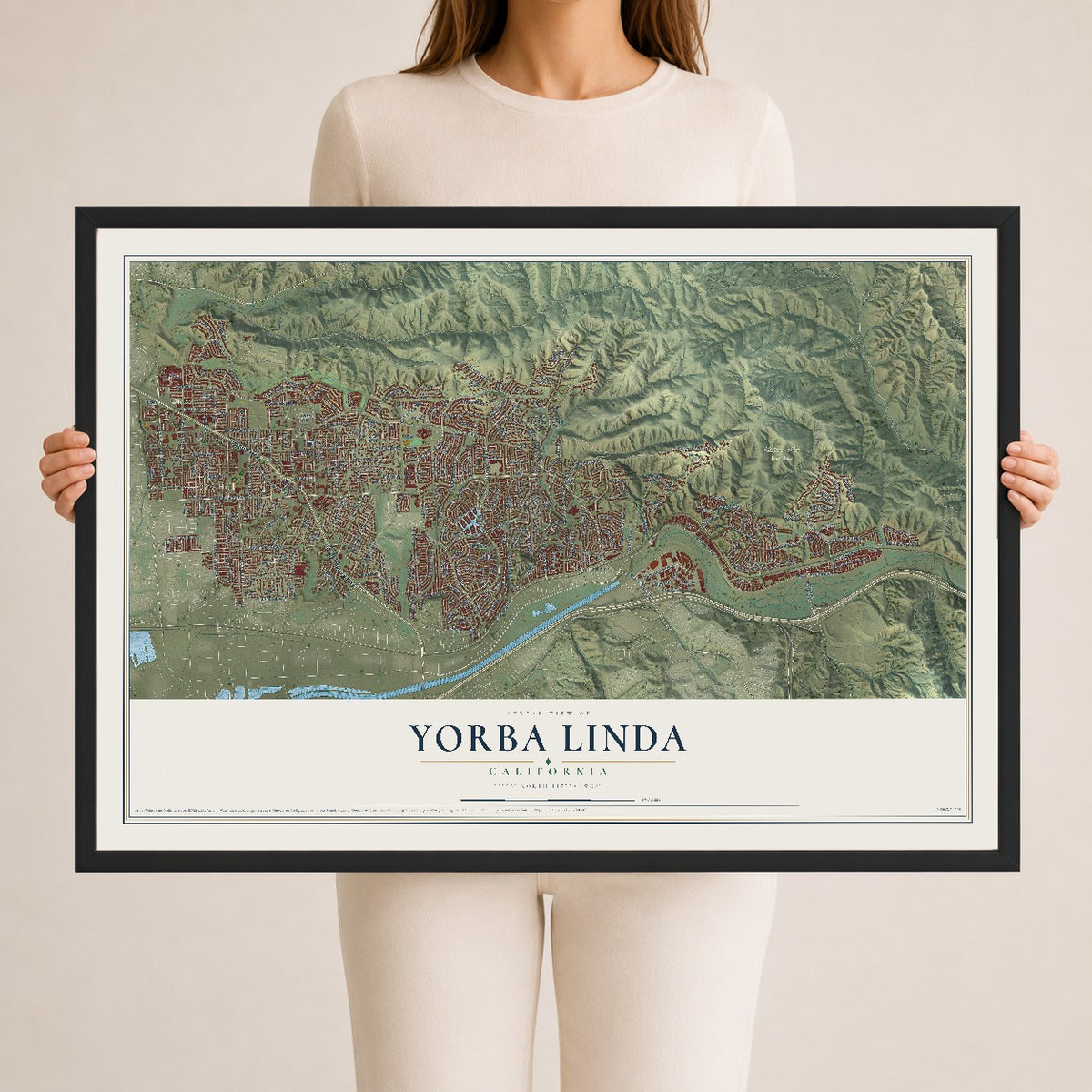 Map of Yorba Linda, California, 24 x 36 inch print in a black wood frame