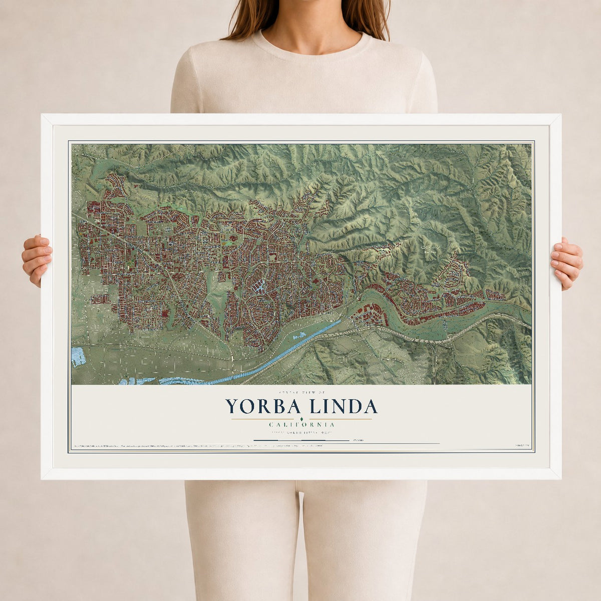Map of Yorba Linda, California, 24 x 36 inch print in a white wood frame