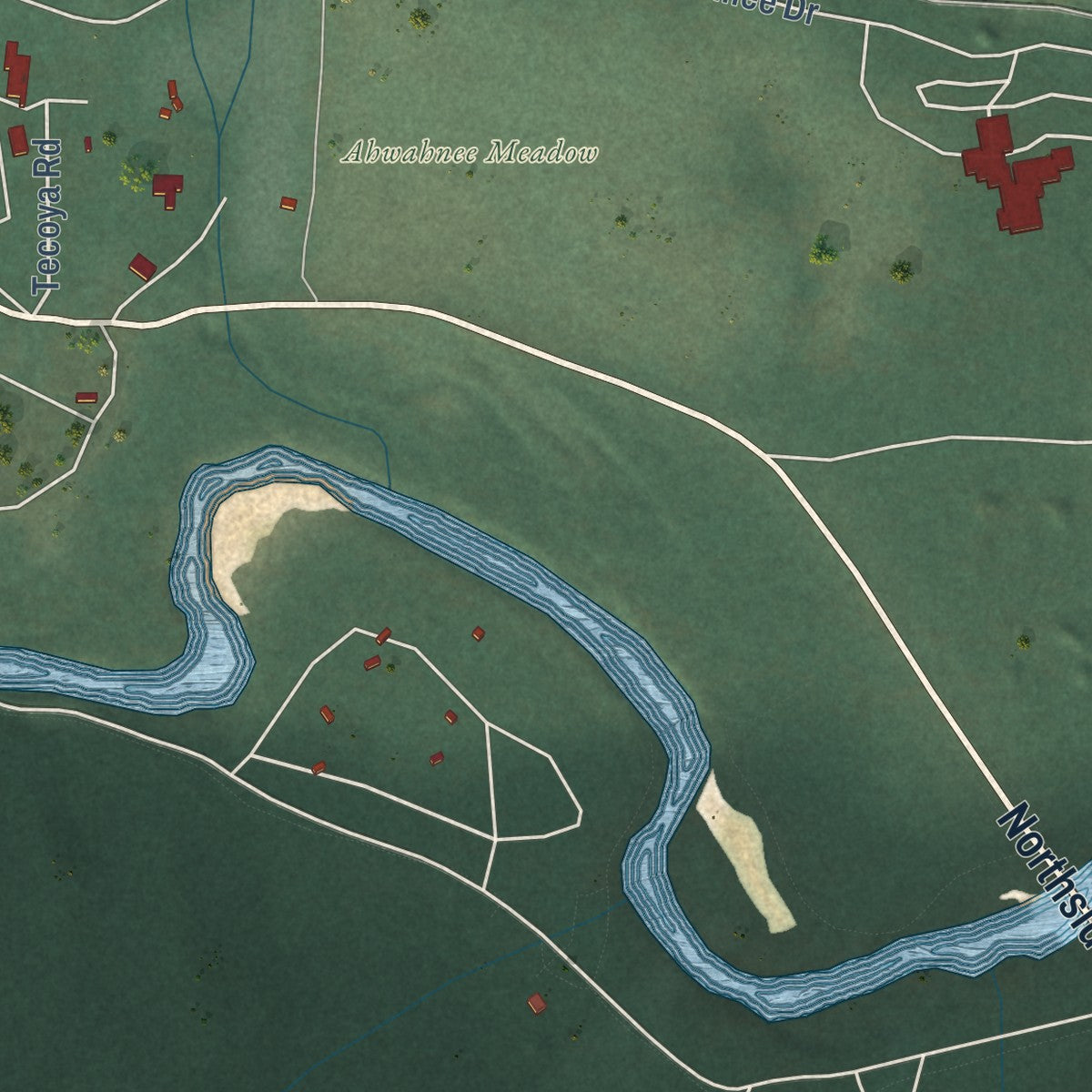 Second close-up of the map of Yosemite Valley, California print showing more streets and buildings